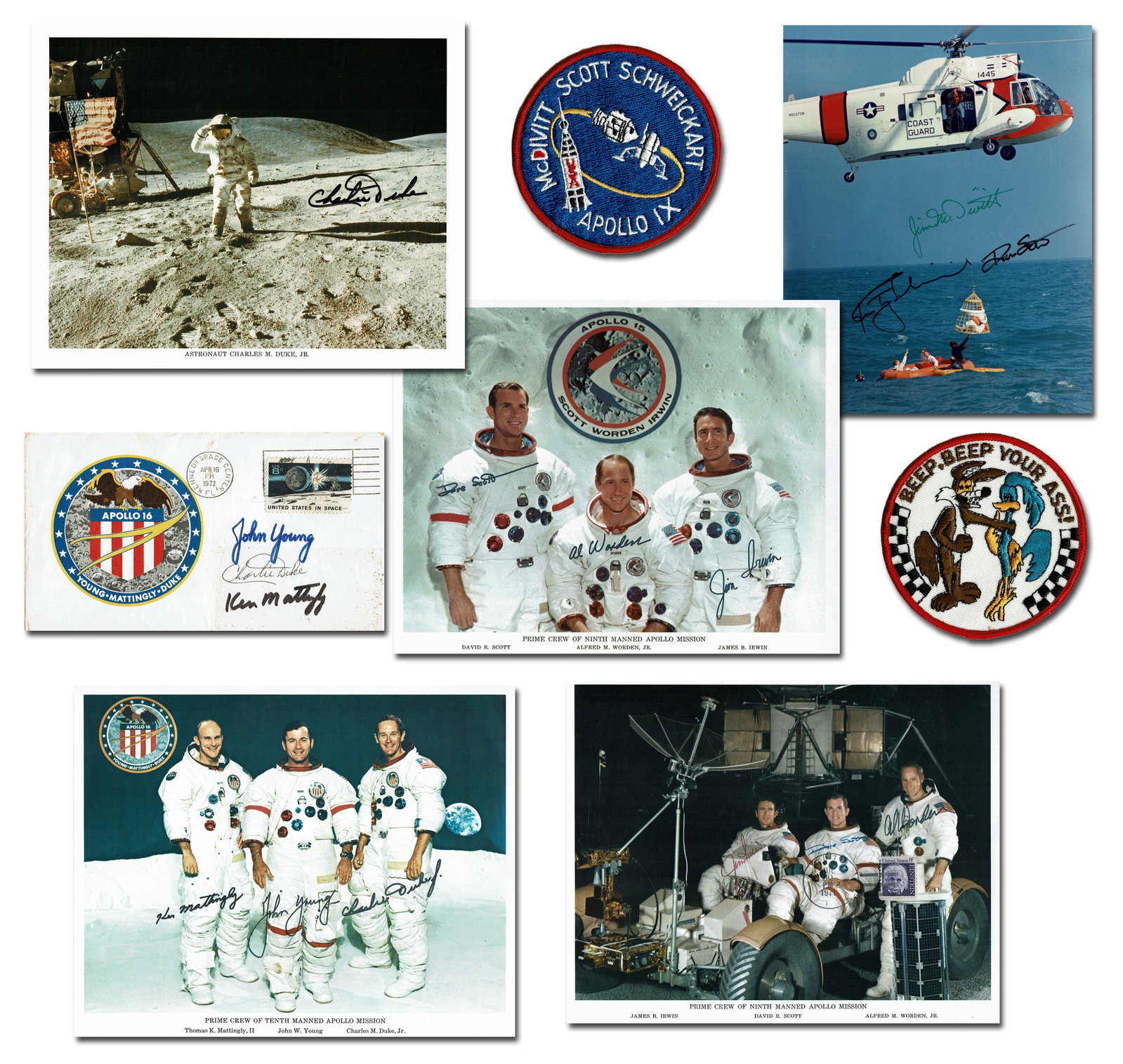 Apollo Astronauts Collection: 8 Items - Signed Photos, Signed Cover & Mission Patch: Apollo Astronauts various, various Apollo Astronauts Collection: 8 Items - Signed Photos, Signed Cover & Mission Patch Archive A nice collection of eight NASA Apollo 9, 15, and 16 items including sign