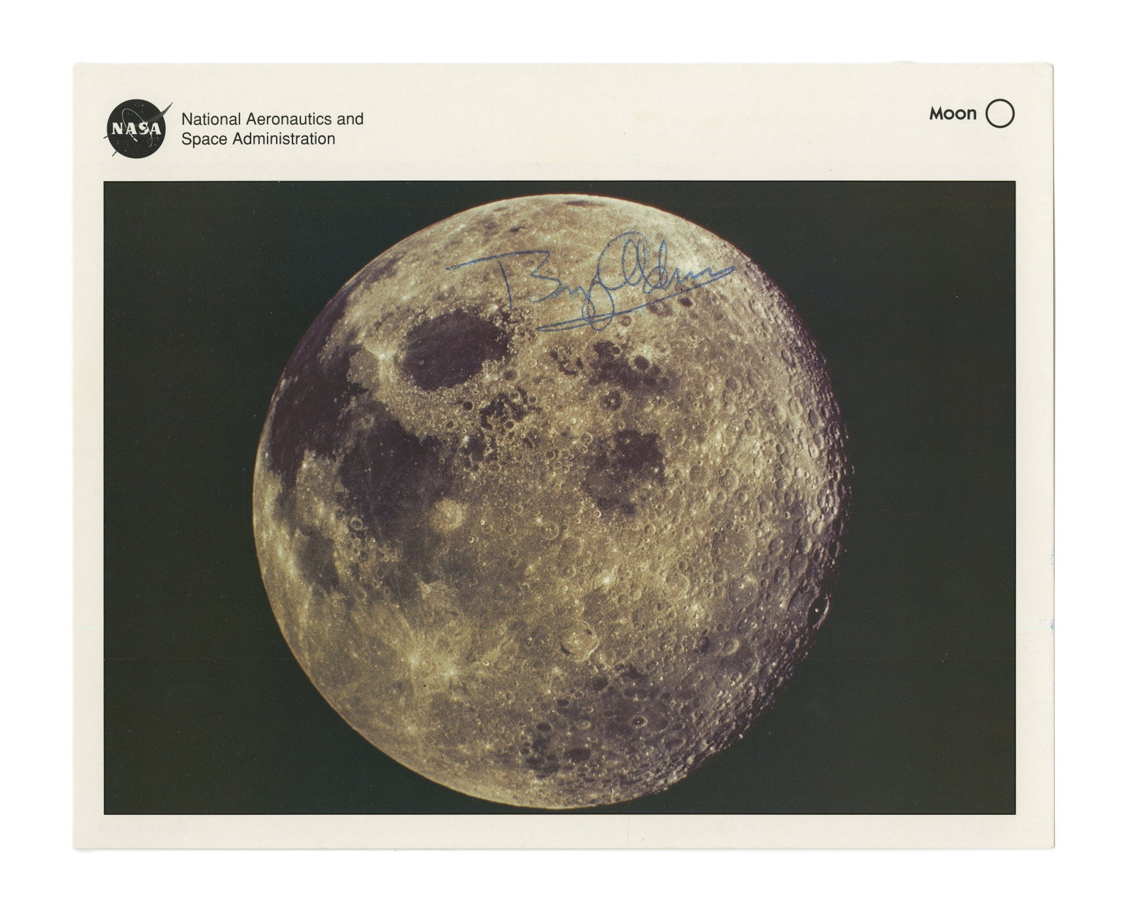 Buzz Aldrin Signed NASA Moon Photo, Pre-Certified by Zarelli: Buzz Aldrin n.p., n.d. Buzz Aldrin Signed NASA Moon Photo, Pre-Certified by Zarelli Signed photograph Edwin "Buzz" Aldrin (b. 1930). NASA photographic print of the moon, signed by moonwalking astronau