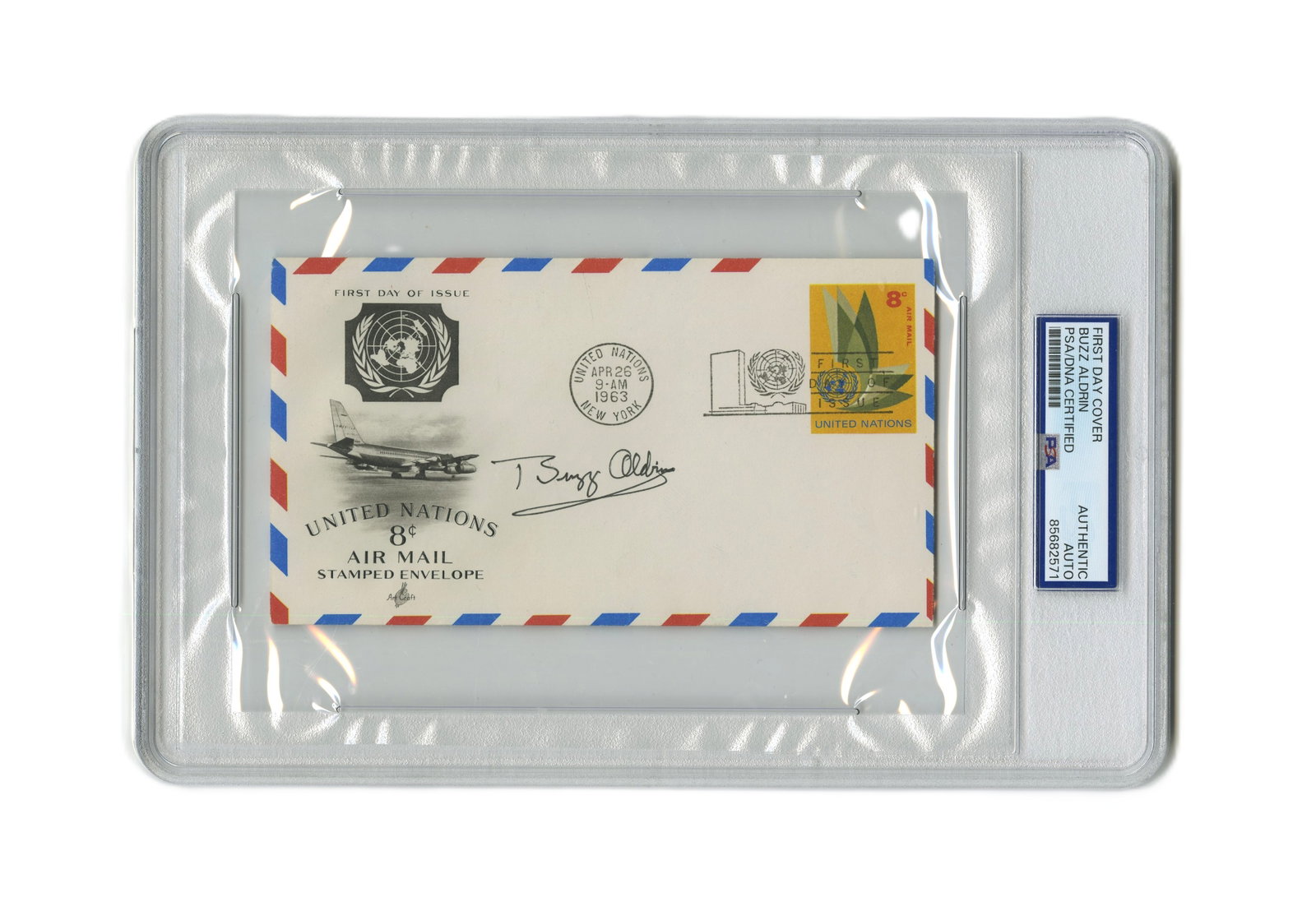 Buzz Aldrin Signed FDC, PSA Slabbed: Buzz Aldrin New York, NY, April 26, 1963 Buzz Aldrin Signed FDC, PSA Slabbed Signed First Day Cover Edwin "Buzz" Aldrin (b. 1930). United Nations commemorative First Day Cover, signed by NASA astronau