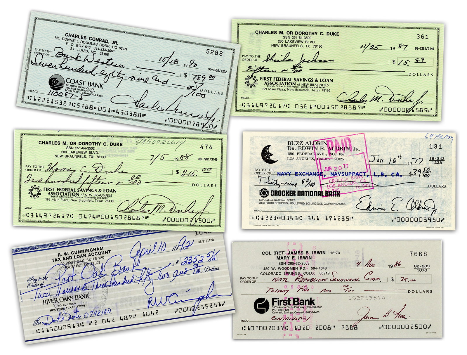 Astronaut Signed Checks! Dealer's Lot (6) Incl. Aldrin with JSA; Conrad, Cunningham, Duke & Irwin: Astronauts various, ca. 1977-1992 Astronaut Signed Checks! Dealer's Lot (6) Incl. Aldrin with JSA; Conrad, Cunningham, Duke & Irwin Archive A dealer's lot of six checks signed by five important 20th