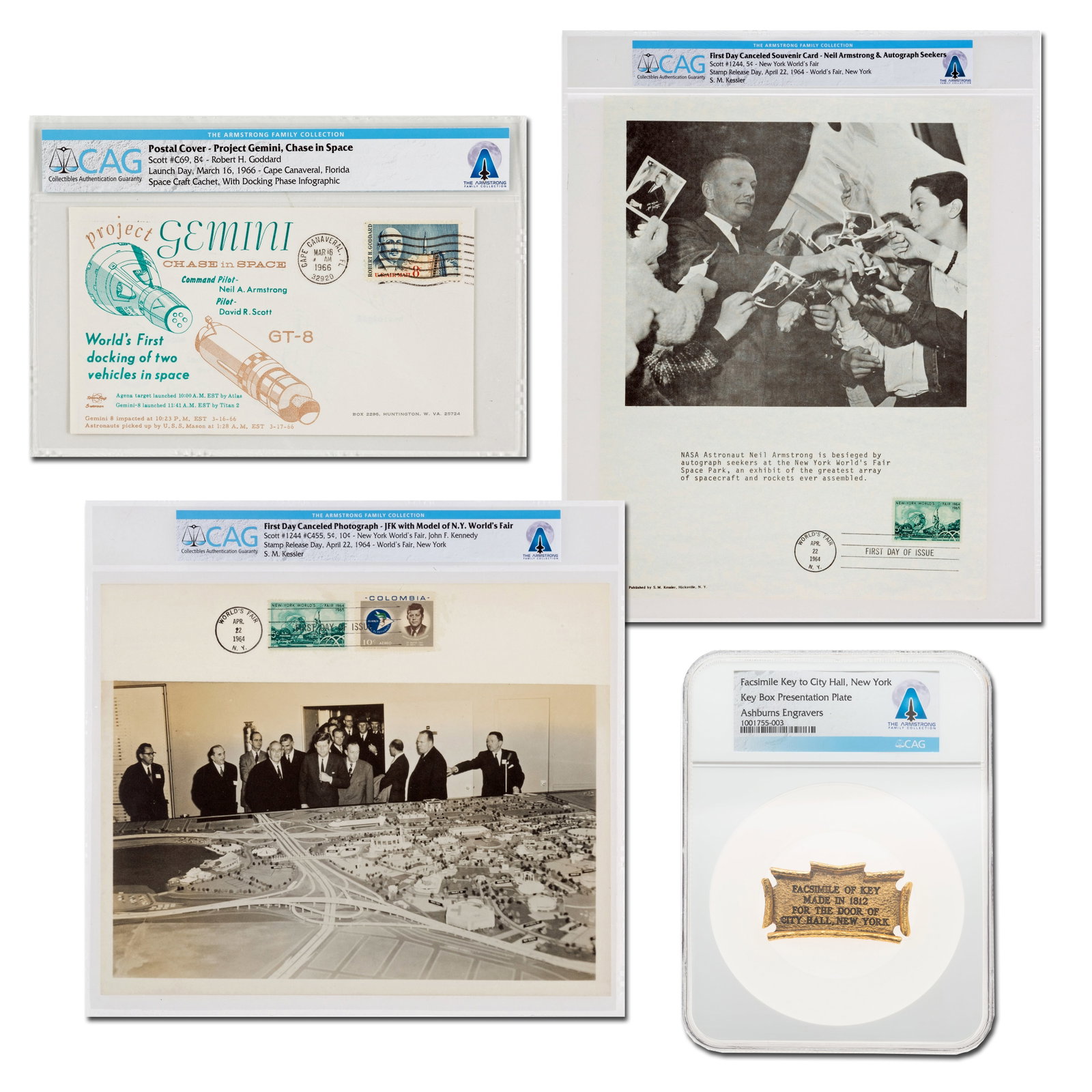 Neil Armstrong: Group of 4 Apollo / Gemini Items, CAG Slabbed, Armstrong Family Collection: Neil Armstrong n.p., n.d. Neil Armstrong: Group of 4 Apollo / Gemini Items, CAG Slabbed, Armstrong Family Collection Archive Neil Armstrong (1930-2012). A fantastic grouping of four Apollo and Gemini