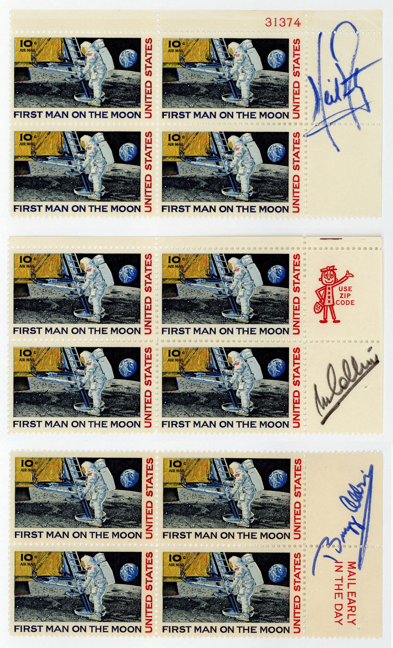 First Man on the Moon Set of 3 Stamp Blocks Signed by Entire Apollo XI Crew! Pre-Cert Zarelli: Apollo XI n.p., n.d. "First Man on the Moon" Set of 3 Stamp Blocks Signed by Entire Apollo XI Crew! Pre-Cert Zarelli Signed stamp blocks A complete set of three "First Man on the Moon" 4-stamp