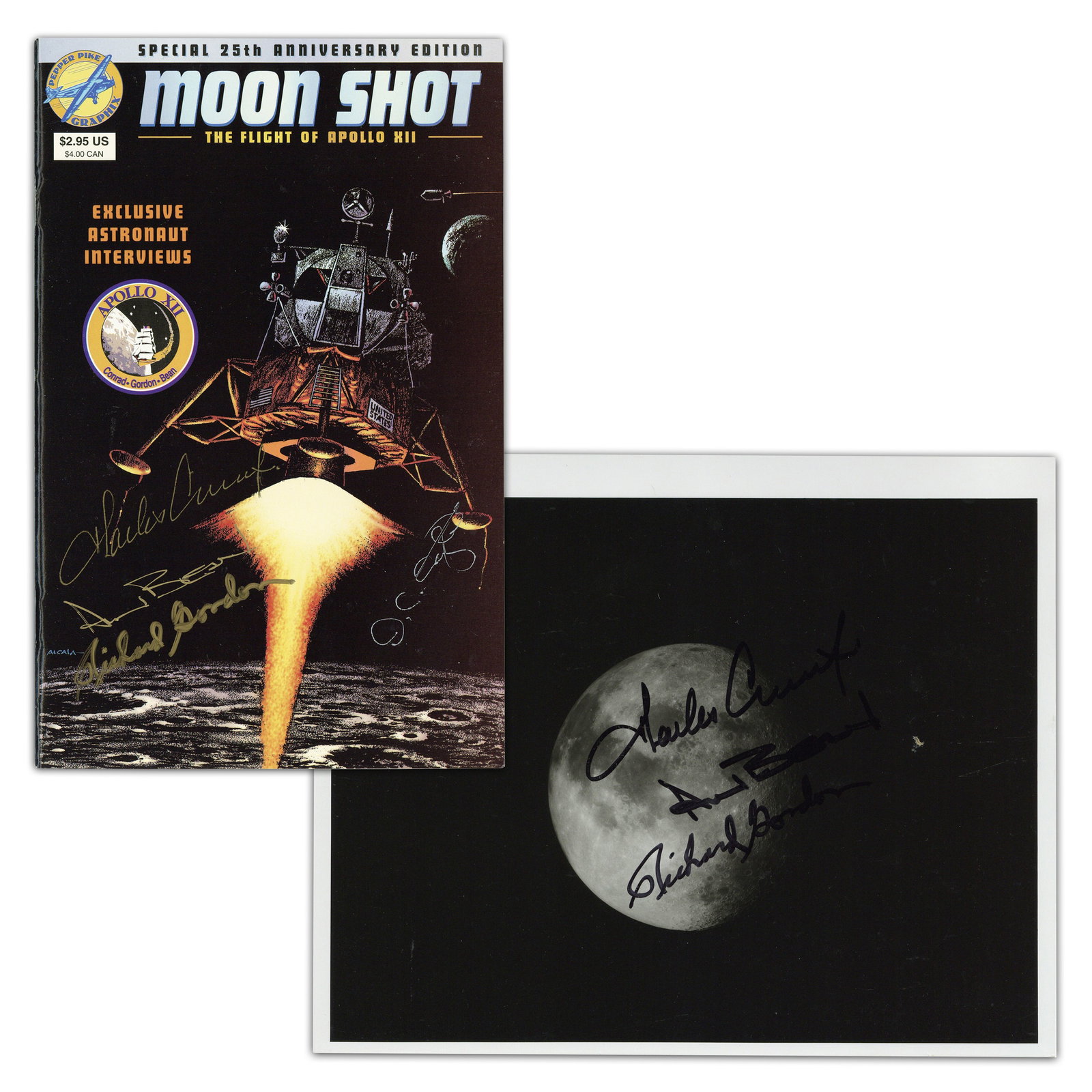 (2) Apollo XII Full Crew Sig Sets! Black Number Photo & 25th Anniversary Ed. "Moon Shot"! Pre-Cert: Apollo XII n.p., n.d. (2) Apollo XII Full Crew Sig Sets! Black Number Photo & 25th Anniversary Ed. "Moon Shot"! Pre-Cert Zarelli SP & SB Two pieces of Space memorabilia, each signed by all three