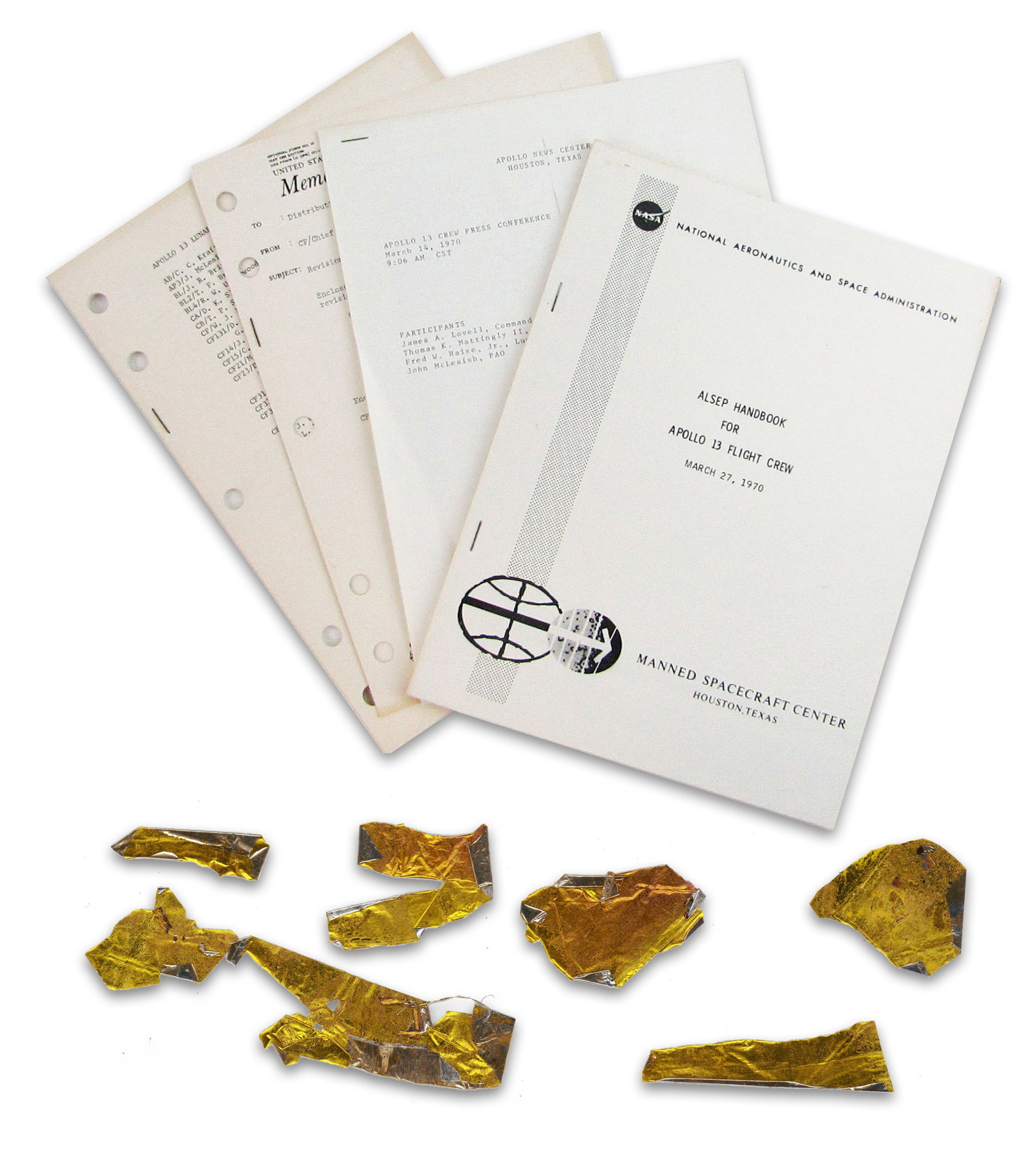Apollo 13 Flown Kapton Foil & Related Pamphlets, 10 pcs.: Apollo 13 various, ca. 1970 Apollo 13 Flown Kapton Foil & Related Pamphlets, 10 pcs. Archive A sizable collection of seven Kapton Mylar foil remnants taken from the Apollo 13 Command Module,