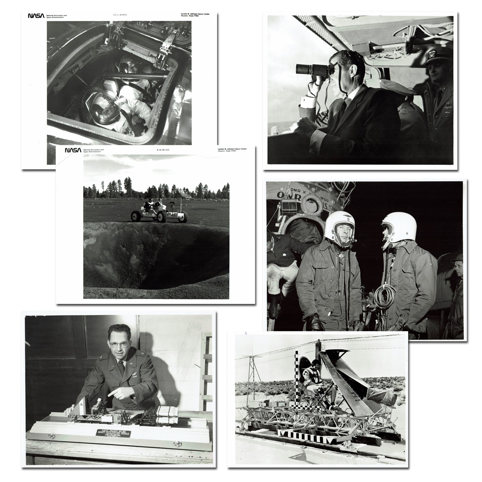 Collection of 6 NASA & U.S. Military Photos: NASA various, ca. 1950s-1970s Collection of 6 NASA & U.S. Military Photos Archive A diverse collection of photographs featuring President Richard Nixon, Apollo 11, Apollo 15, and two branches of the
