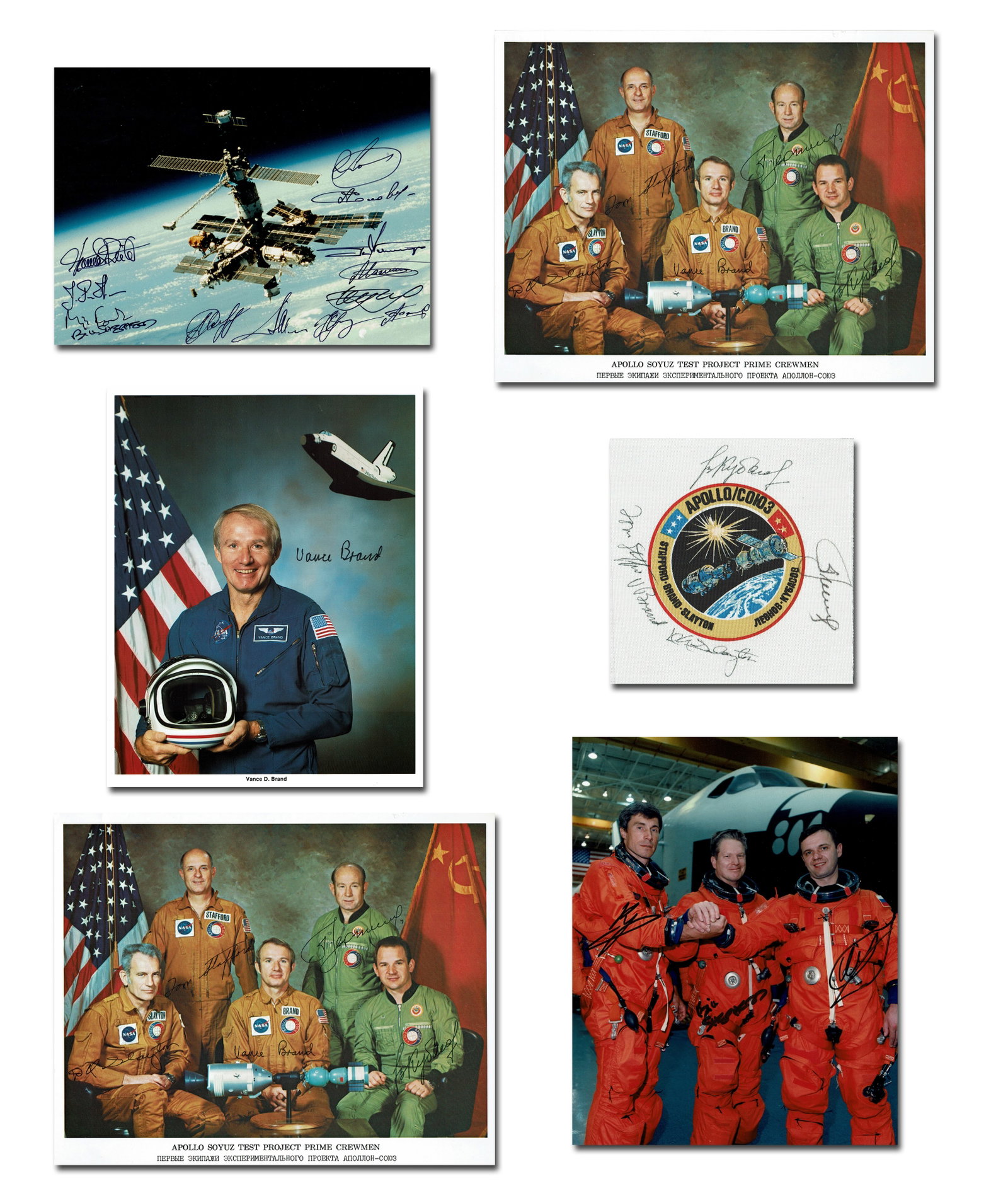 Group of 6 Apollo-Soyuz & Mir Crew-Signed Photos & Beta Cloth: Apollo-Soyuz n.d., n.p. Group of 6 Apollo-Soyuz & Mir Crew-Signed Photos & Beta Cloth Archive A collection of five photographs and a beta cloth featuring signatures of the Apollo-Soyuz, Soyuz TM-31,