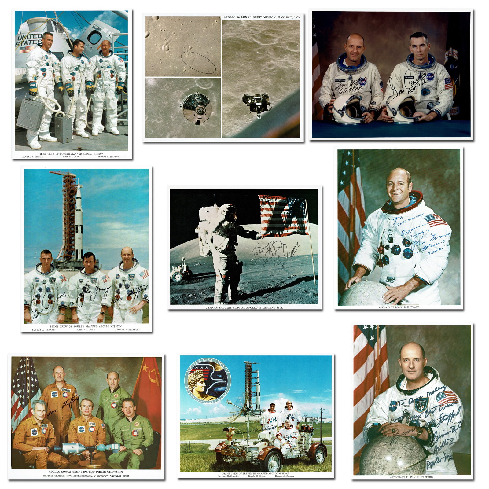 Apollo Astronauts Group of 9 Photos, 12 Autographs: Cernan, Evans, Schmitt, Stafford, Young: NASA Astronauts n.p., n.d. Apollo Astronauts Group of 9 Photos, 12 Autographs: Cernan, Evans, Schmitt, Stafford, Young Archive An excellent grouping of Apollo 10 and Apollo 17 photos totaling nine