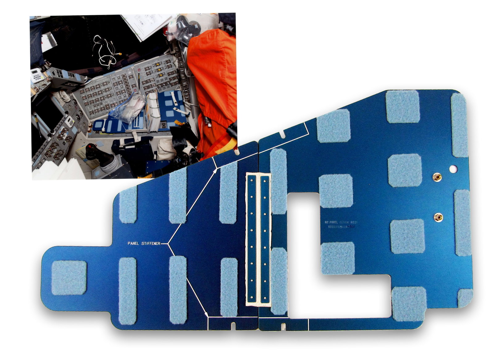 NASA Space Shuttle Panel Cover Assy: Space Shuttle n.p., n.d. NASA Space Shuttle Panel Cover Assy Relic Blue Panel Cover Assy, NASA Part No. SED33105629-301, designated for the R2 switch panel to the right of the pilot's seat. Class I