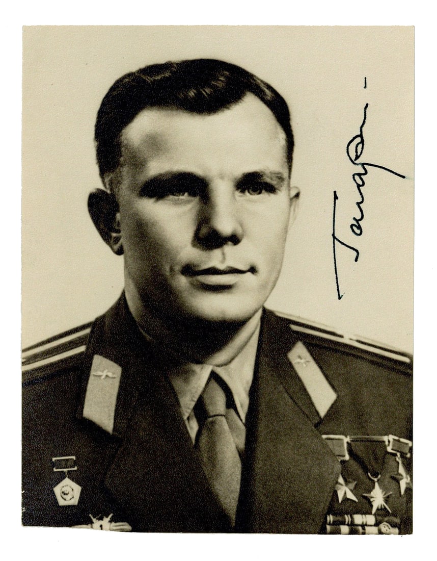 Yuri Gagarin Signed Vintage Photo, Pre-Cert Zarelli: Yuri Gagarin n.p., n.d. Yuri Gagarin Signed Vintage Photo, Pre-Cert Zarelli SP A vintage black and white gelatin silver photograph of Soviet cosmonaut Yuri Gagarin (1934-1968), wearing a Soviet Air