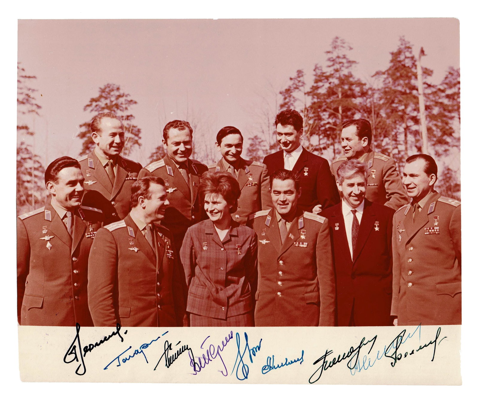 First Soviet Cosmonauts, Superb Photo Signed by 9 Russian Space Pioneers: Russian Cosmonauts n.p., n.d. First Soviet Cosmonauts, Superb Photo Signed by 9 Russian Space Pioneers Signed Photo Fantastic glossy photograph signed by nine Soviet cosmonauts from the Vostok and