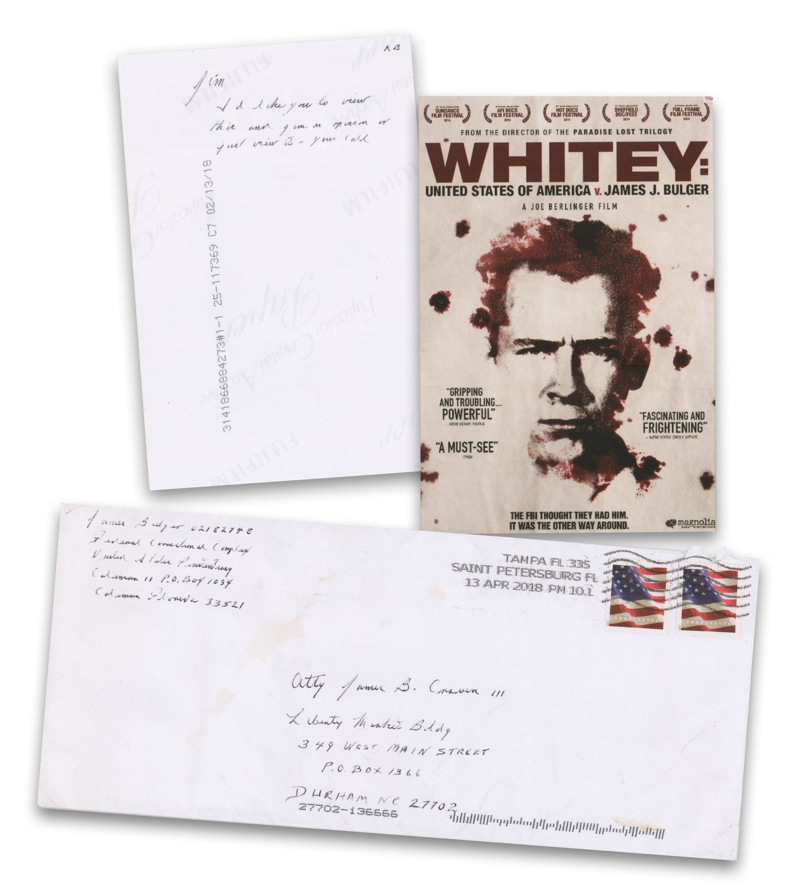 Whitey Bulger Handwritten Envelope & Inscribed Photo to His Lawyer: James "Whitey" Bulger [Sumterville, FL], ca. April 2018 Whitey Bulger Handwritten Envelope & Inscribed Photo to His Lawyer Archive Two items hand addressed by notorious crime boss James "Whitey" Bulge