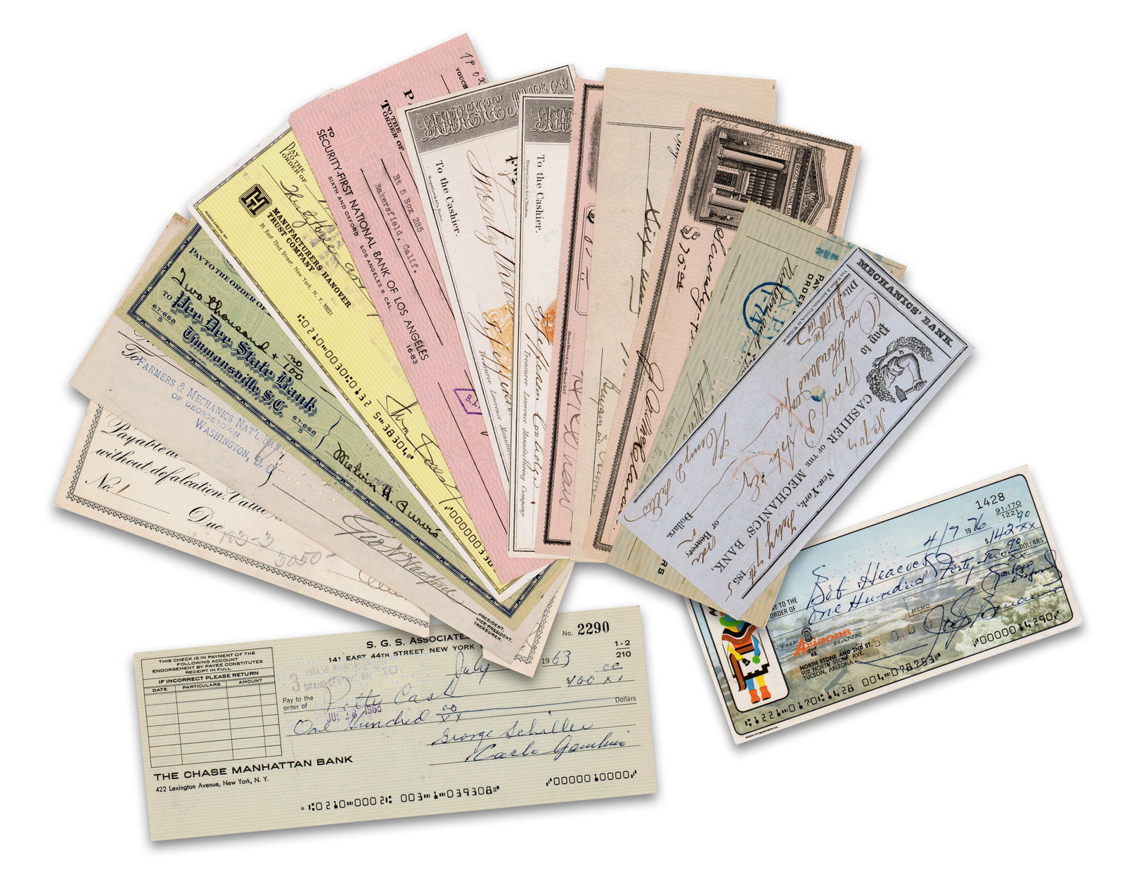 (14) Notables of Business & Crime! Dealer's Lot Incl. Getty, Bonanno, Gambino and More!: Business Notables various, ca. 1855-1976 (14) Notables of Business & Crime! Dealer's Lot Incl. Getty, Bonanno, Gambino and More! Archive A dealer's lot of checks signed by thirteen 19th and 20th