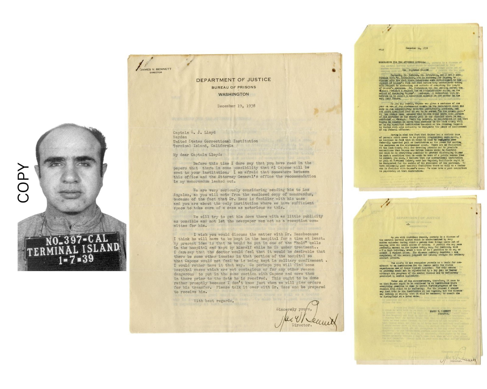 Al Capone: DOJ Plans His Transfer From Alcatraz - Remarkable!: Al Capone Washington, D.C., December 19, 1938 Al Capone: DOJ Plans His Transfer From Alcatraz - Remarkable! Document An exceptional and historically significant group of original federal prison