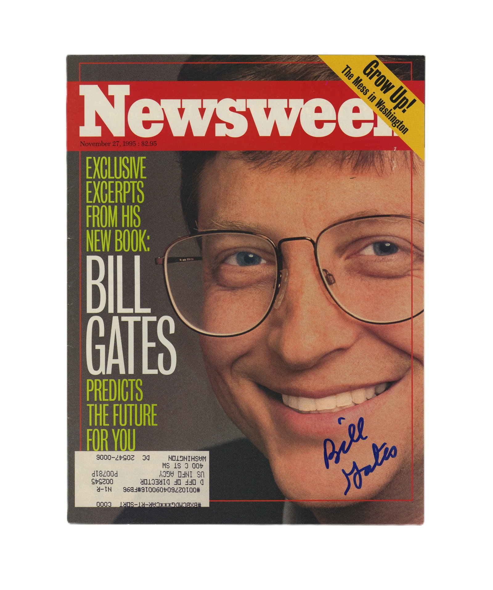 Bill Gates Signed 1995 Newsweek Cover: Bill Gates [Washington, DC], ca. 1995 Bill Gates Signed 1995 Newsweek Cover Signed Magazine/Comic Bill Gates (b. 1955). Signed 1995 cover of Newsweek magazine featuring Gates on the cover, signed