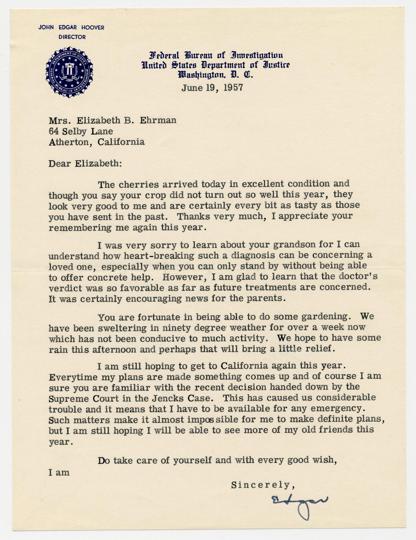 J. Edgar Hoover TLS: "… the Jencks [communism] case … has caused us considerable: J. Edgar Hoover [Washington, DC], June 19, 1957 J. Edgar Hoover TLS: "… the Jencks [communism] case … has caused us considerable trouble" TLS A 1p typed letter signed by J. Edgar Hoover