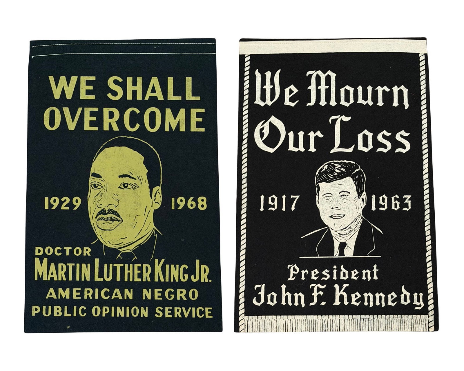 Huge MLK & JFK Civil Rights Memorial Pennant - Fantastic!: Martin Luther King, Jr. & John F. Kennedy n.p., n.d. Huge MLK & JFK Civil Rights Memorial Pennant - Fantastic! Plaque Evocative original double-sided felt memorial pennant honoring two of the most con