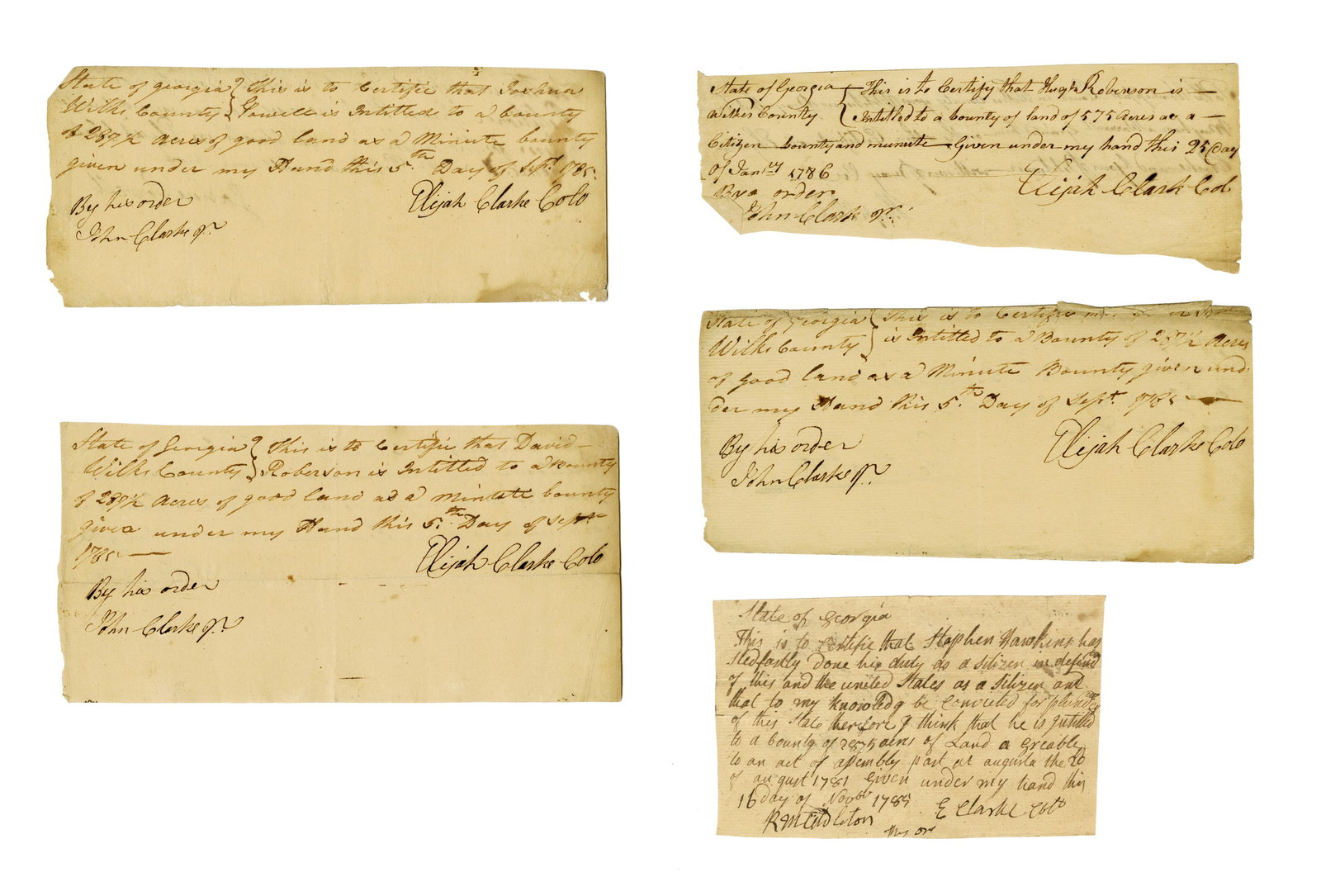 Col. Elijah Clarke Lot of 5 MDS re: Georgia Land Bounty (1 of 4)