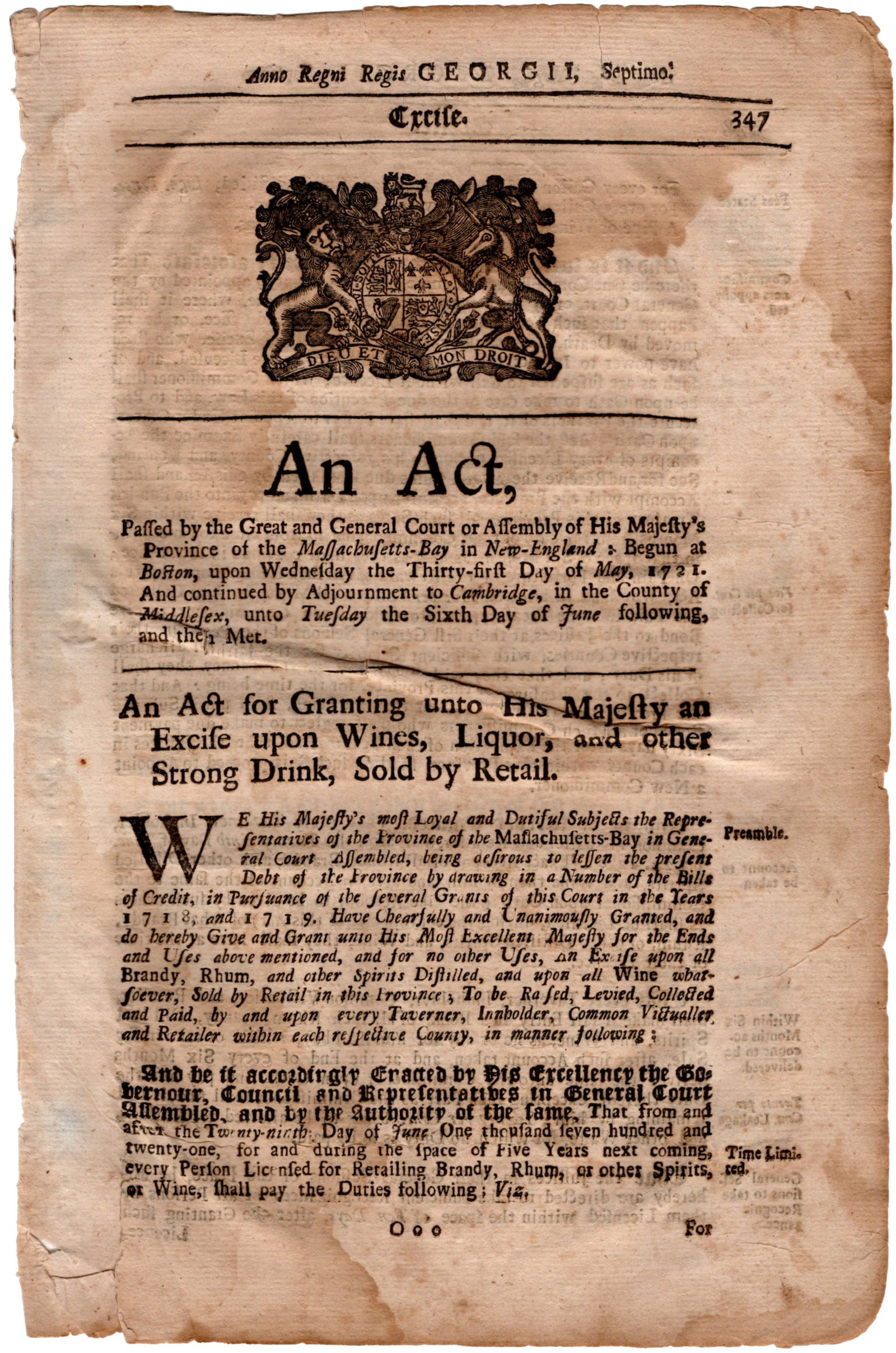 Colonial Massachusetts 1721 General Court Passes Excise Tax on Liquor (1 of 4)