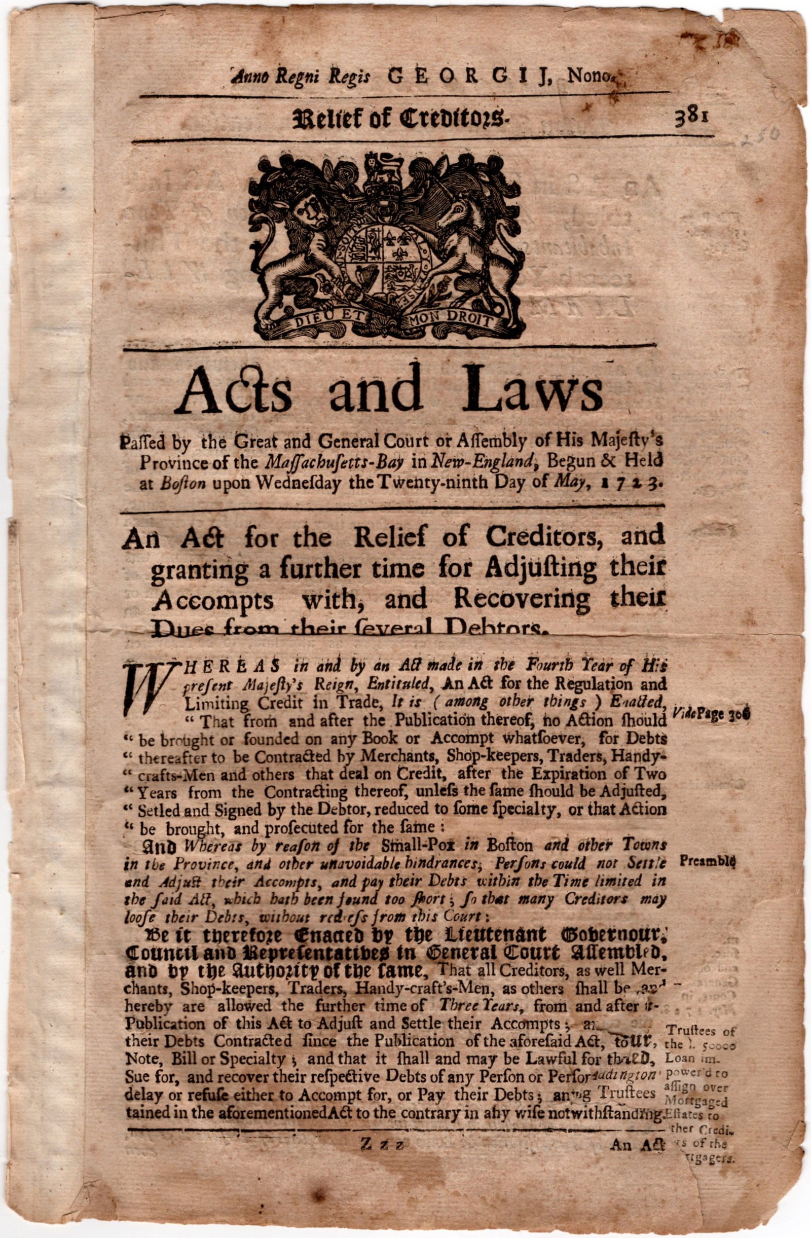 Colonial Massachusetts 1723 General Court Passes Laws Governing Debts, Strangers, Estates, and Fish (1 of 6)