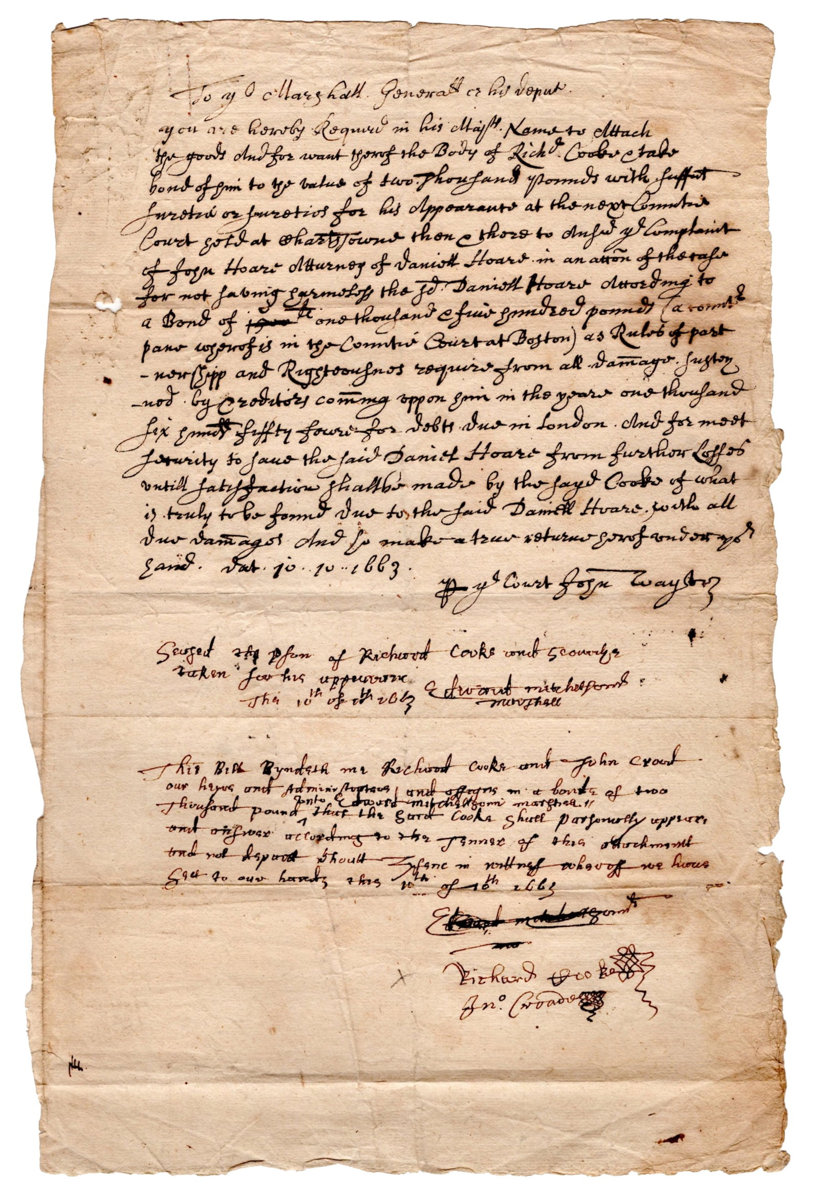 Colonial Massachusetts, 1663! Court Orders Marshal to Summon Defendant (1 of 3)