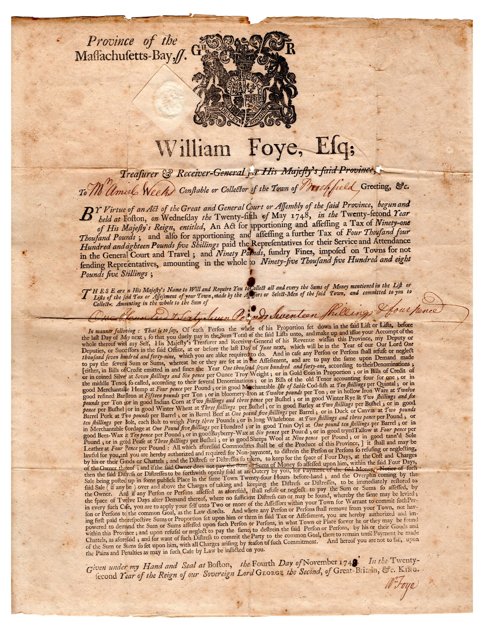 Colonial Massachusetts 1748 Treasurer Printed & Signed Broadside (1 of 2)