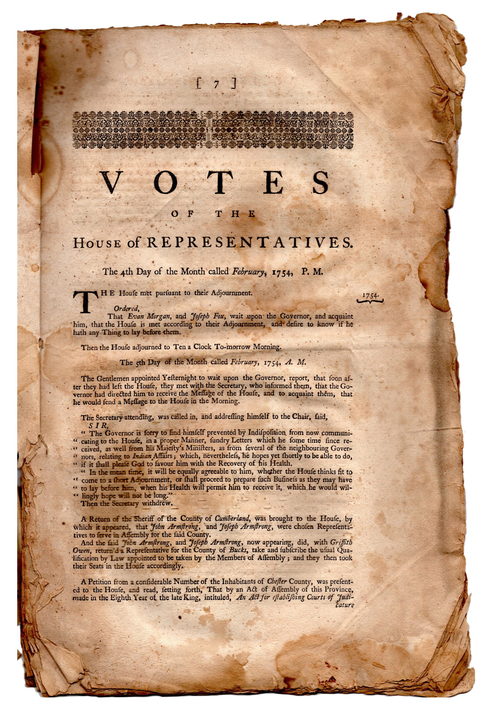 Benjamin Franklin Printing of Votes of the Assembly from Pennsylvania, with Washington & French &: Benjamin Franklin Philadelphia, PA, ca. October 1753, February-March 1754 Benjamin Franklin Printing of Votes of the Assembly from Pennsylvania, with Washington & French & Indian War Content Printed d