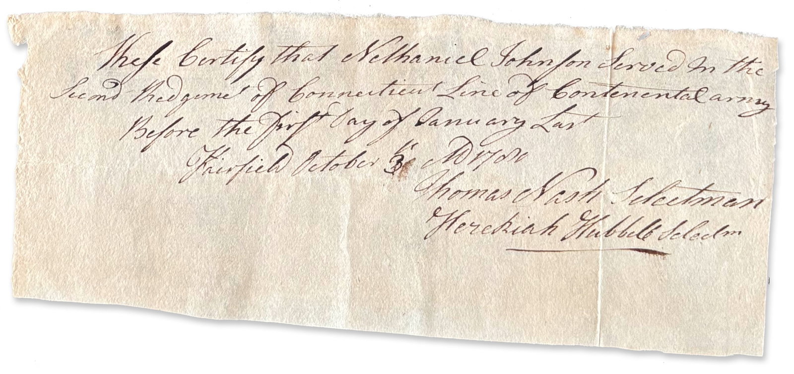 Revolutionary War Certificate for Nathaniel Johnson in Col. Butler's 2nd Regiment (1 of 2)