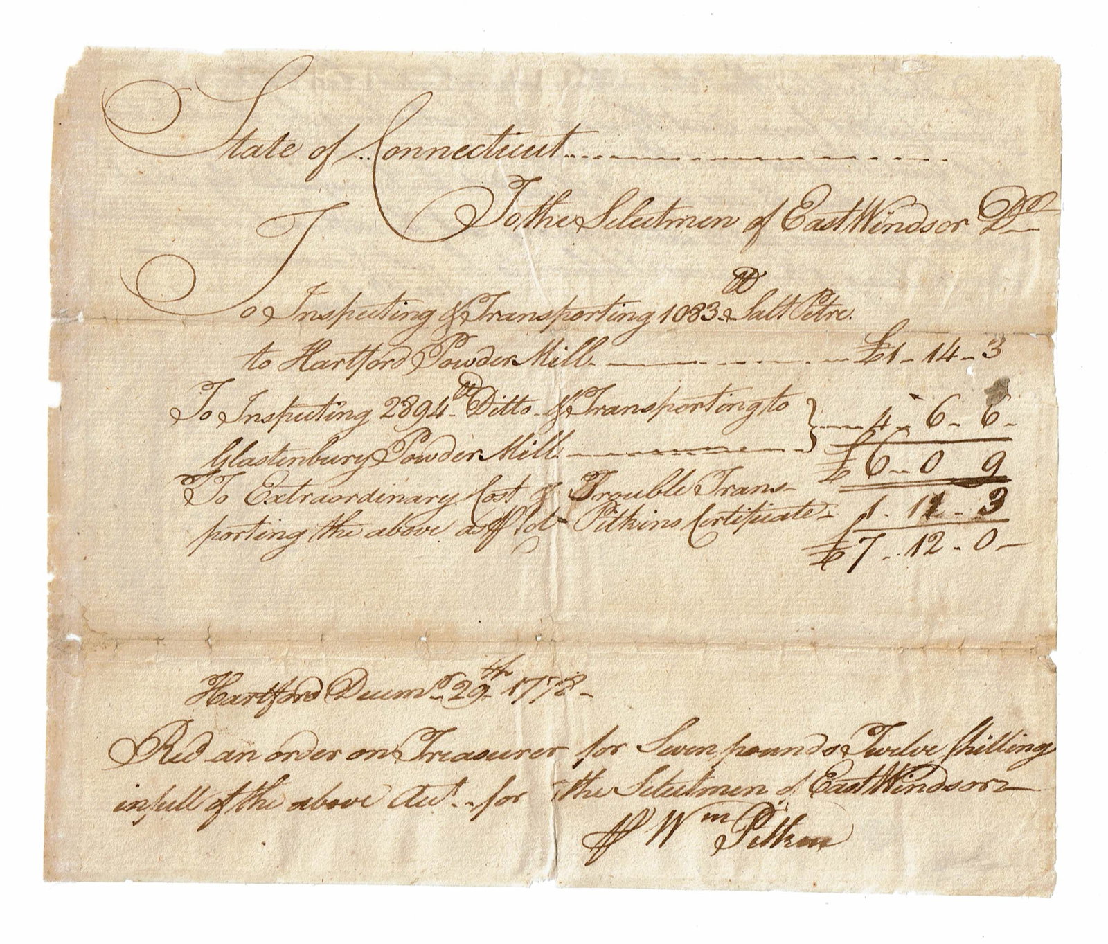 Rev. War 1778 Wm. Pitkin 2x Signed Inspection & Transport of Gunpowder (1 of 2)