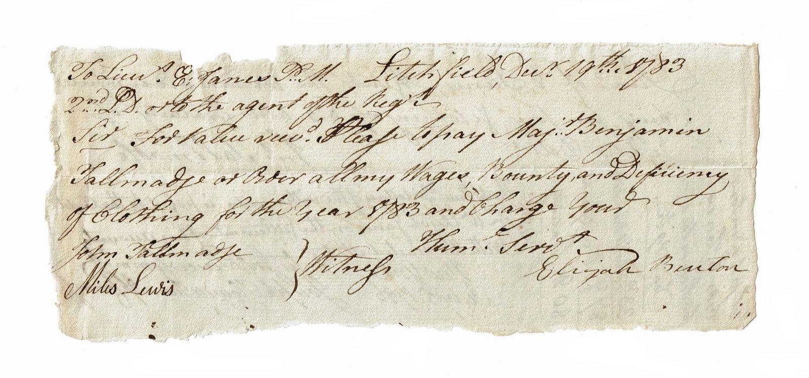 Culper Spymaster Benjamin Tallmadge Handwritten Pay Order (1 of 2)