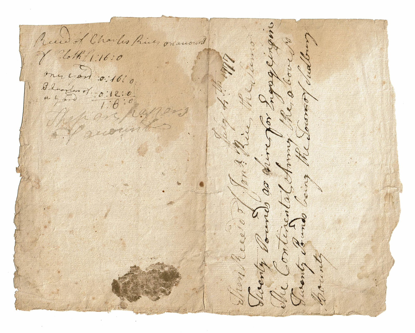 Rev. War Soldier's Bounty for Service in Continental Army, July 4, 1777: Revolutionary War Sudbury, MA, July 4, 1777 Rev. War Soldier's Bounty for Service in Continental Army, July 4, 1777 MD [Revolutionary War]. A manuscript document penned in several unknown hands concer