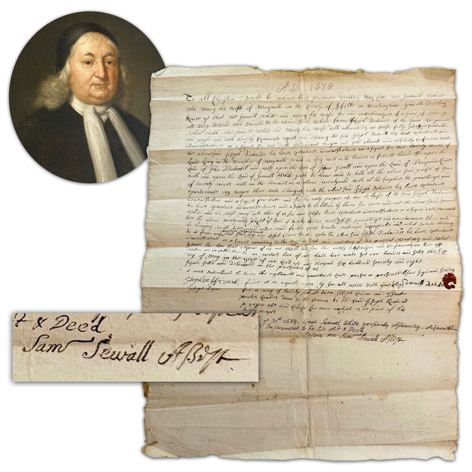 Samuel Sewall of Salem Witch Trials Fame Attests Deed: Samuel Sewall Weymouth, MA, March 31, 1685 Samuel Sewall of Salem Witch Trials Fame Attests Deed AES SAMUEL SEWALL, Autograph Endorsement Signed, March 31, 1685, on Samuel White, Manuscript Document S
