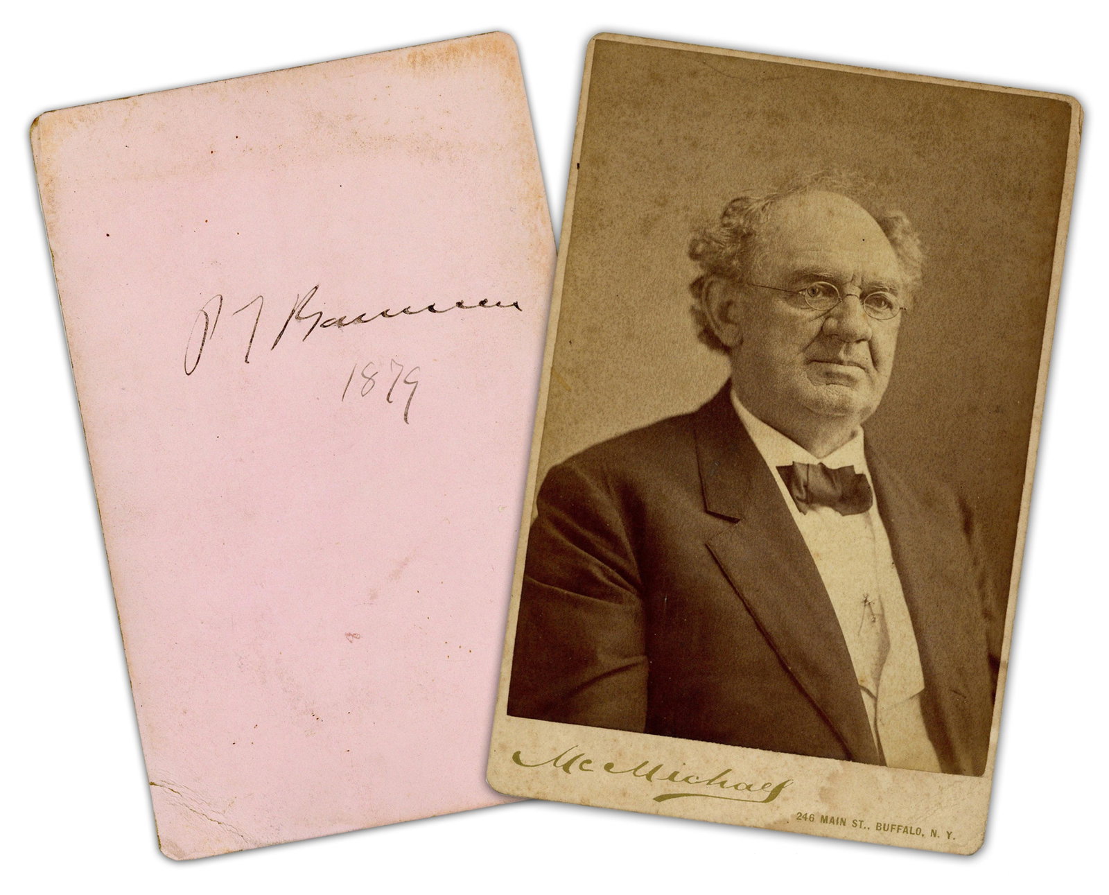 P.T. Barnum Boldly Signed Cabinet Card Dated 1879, When He Introduced Zazel the Beautiful Human: Phineas Barnum n.p., ca. 1879 P.T. Barnum Boldly Signed Cabinet Card Dated 1879, When He Introduced Zazel the Beautiful Human Cannonball! SP A vintage cabinet card boldly signed by American showman Ph