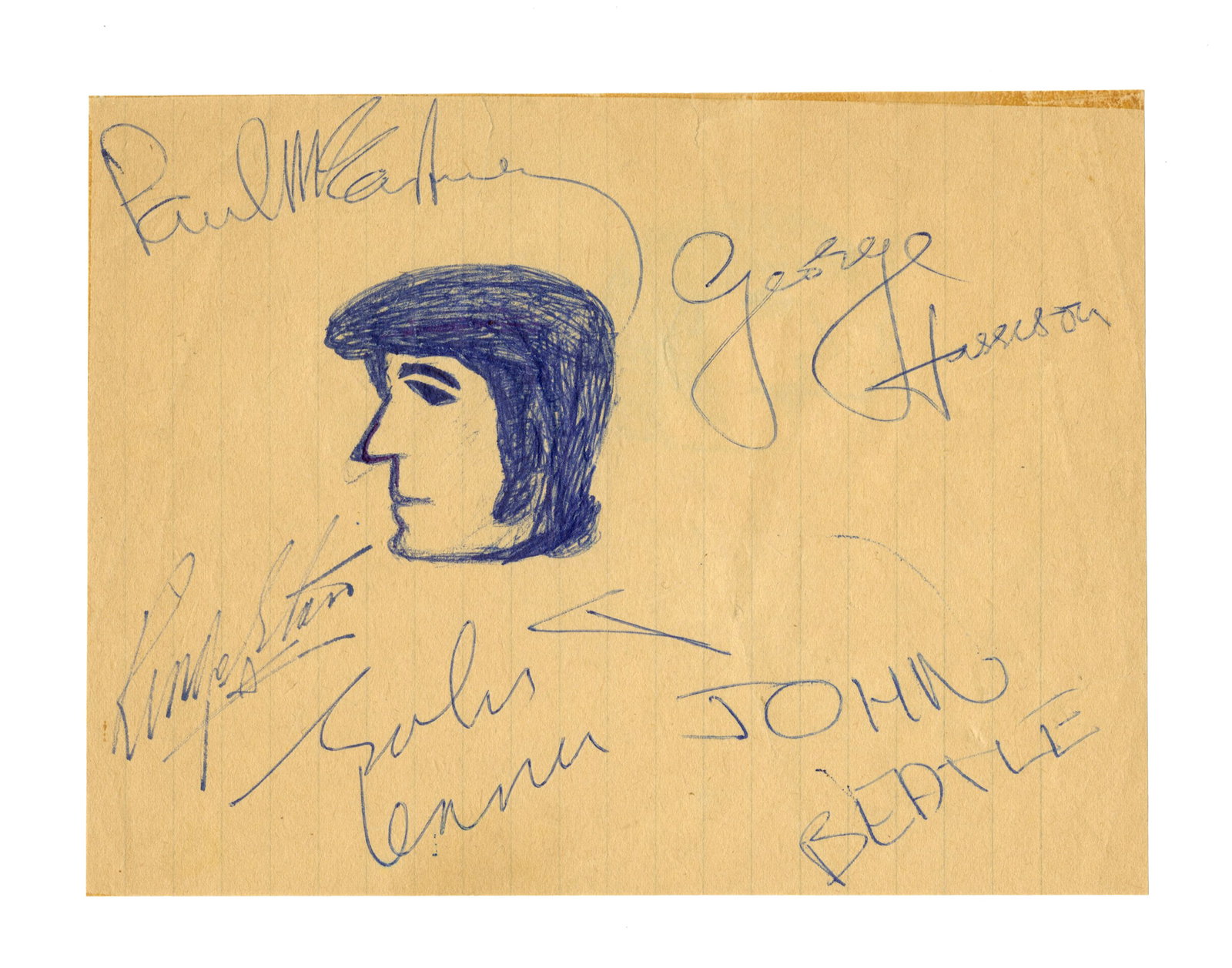 The Beatles Signed Page Featuring Sketch of John Lennon, Fantastic! JSA LOA (1 of 3)
