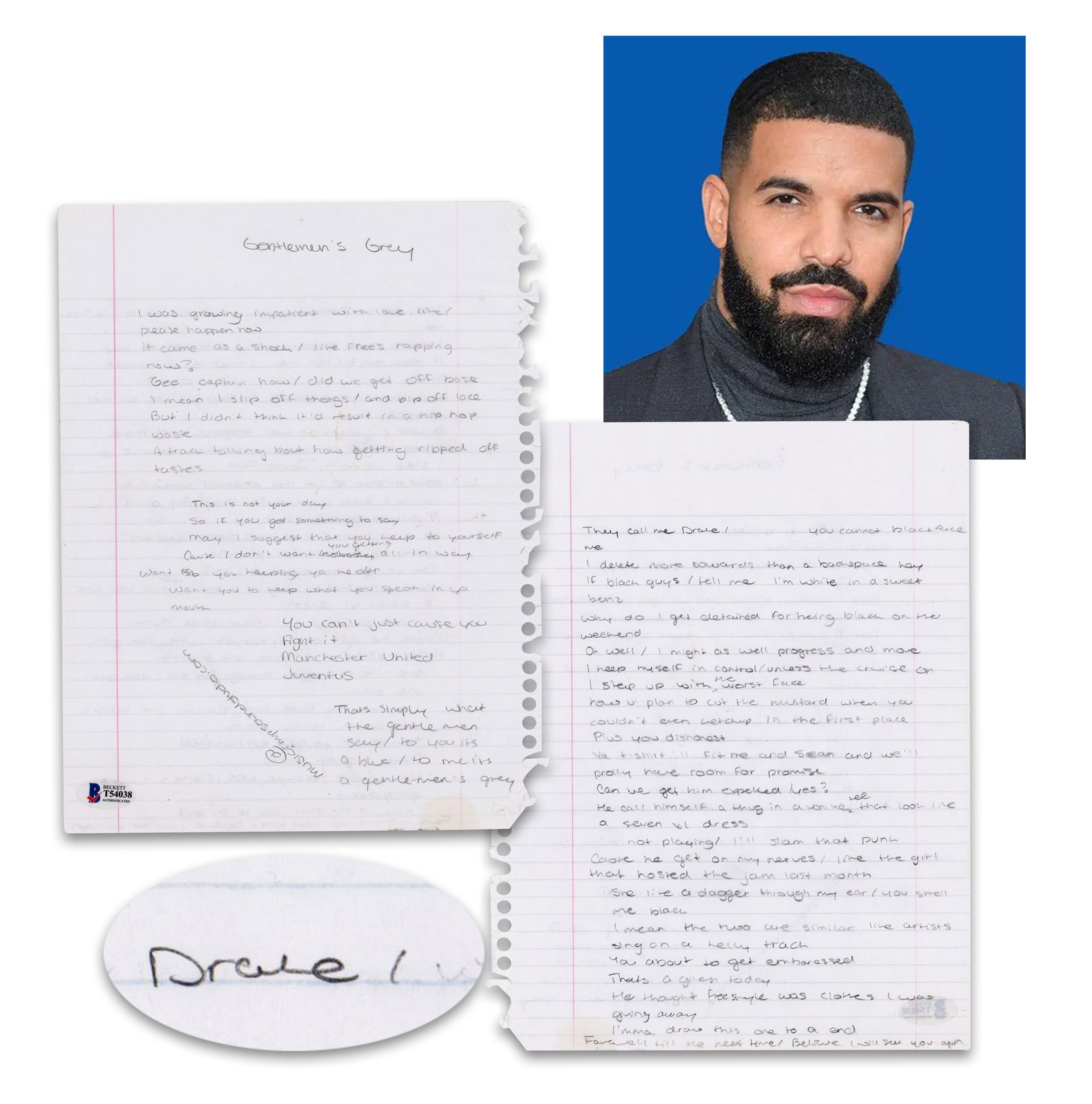 Drake Handwritten Lyrics, Likely Referencing 2018 Pusha T Diss Track; Beckett Authenticated (1 of 4)