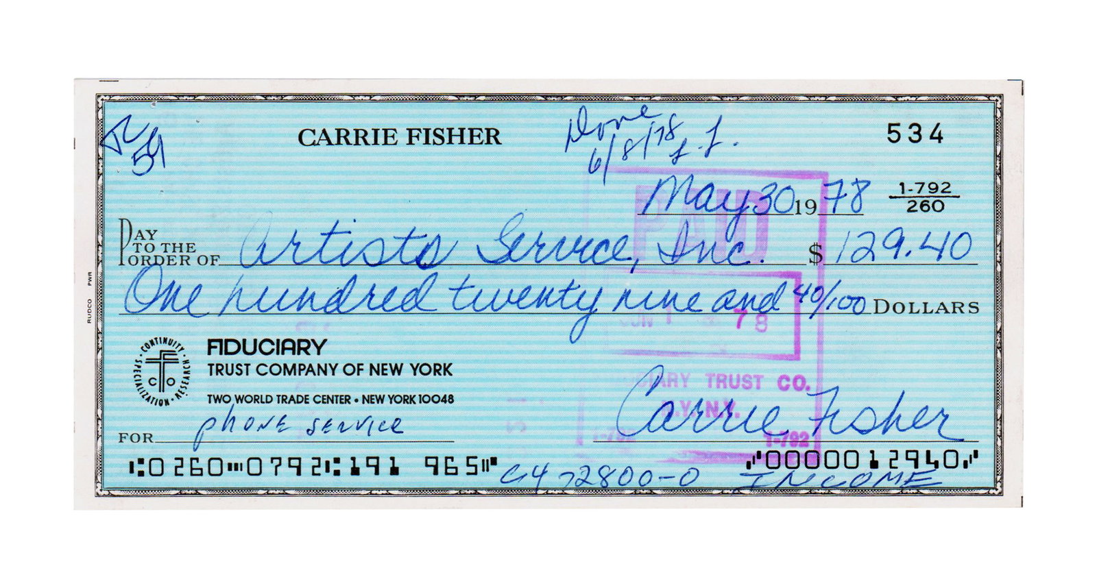 Carrie Fisher Signed Check One Year After "A New Hope" (1977) (1 of 3)