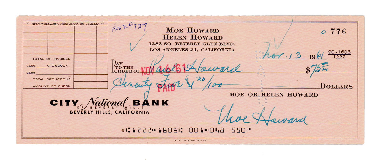 Moe Howard Signed Check to His Son (1 of 3)