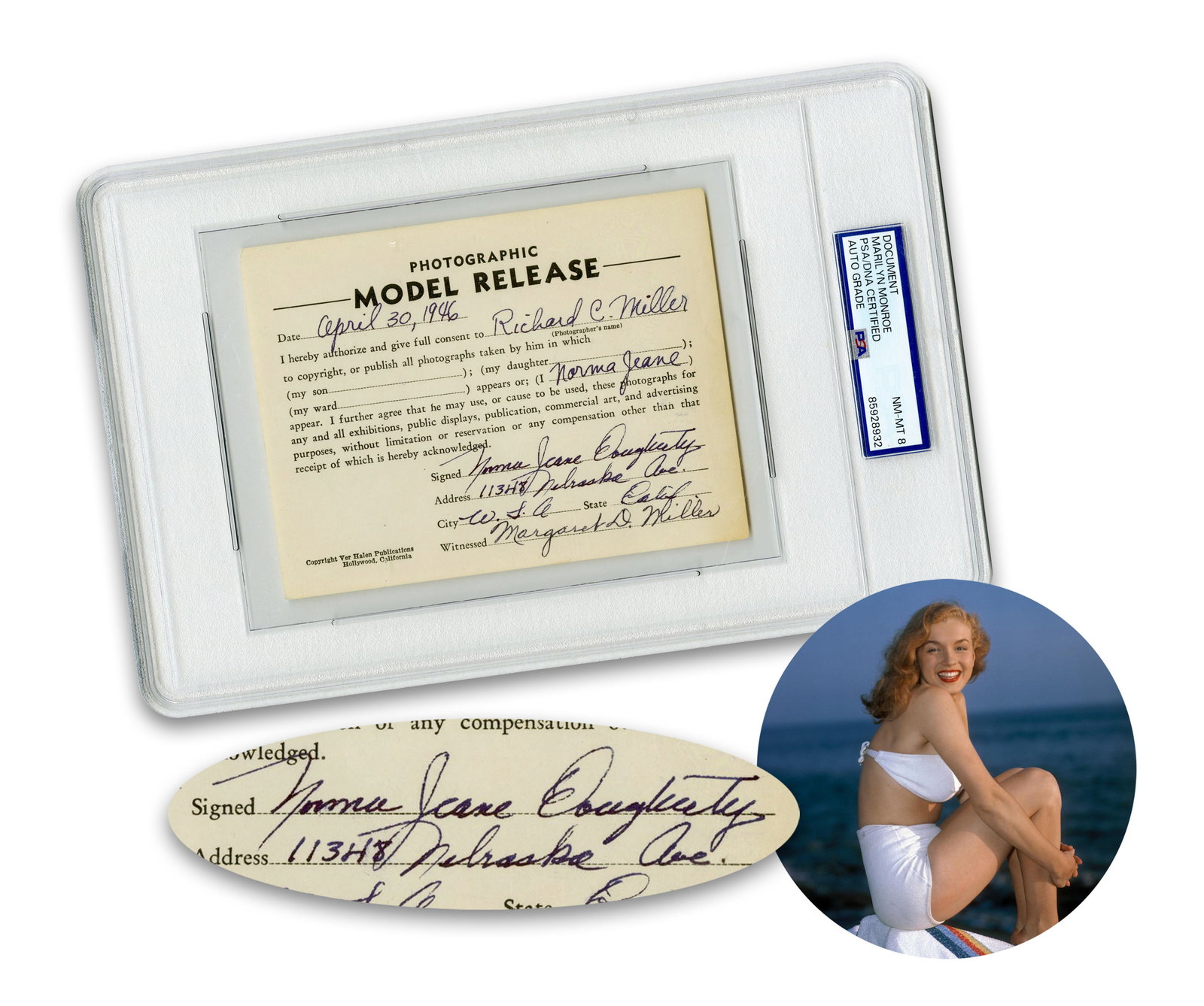 Marilyn Monroe Early Model Release as "Norma Jeane Dougherty", PSA NM-MT 8 Slabbed w/ LOA: Marilyn Monroe Hollywood, CA, April 30, 1946 Marilyn Monroe Early Model Release as "Norma Jeane Dougherty", PSA NM-MT 8 Slabbed w/ LOA DS Exceedingly rare early "Photographic Model Release" form betwe