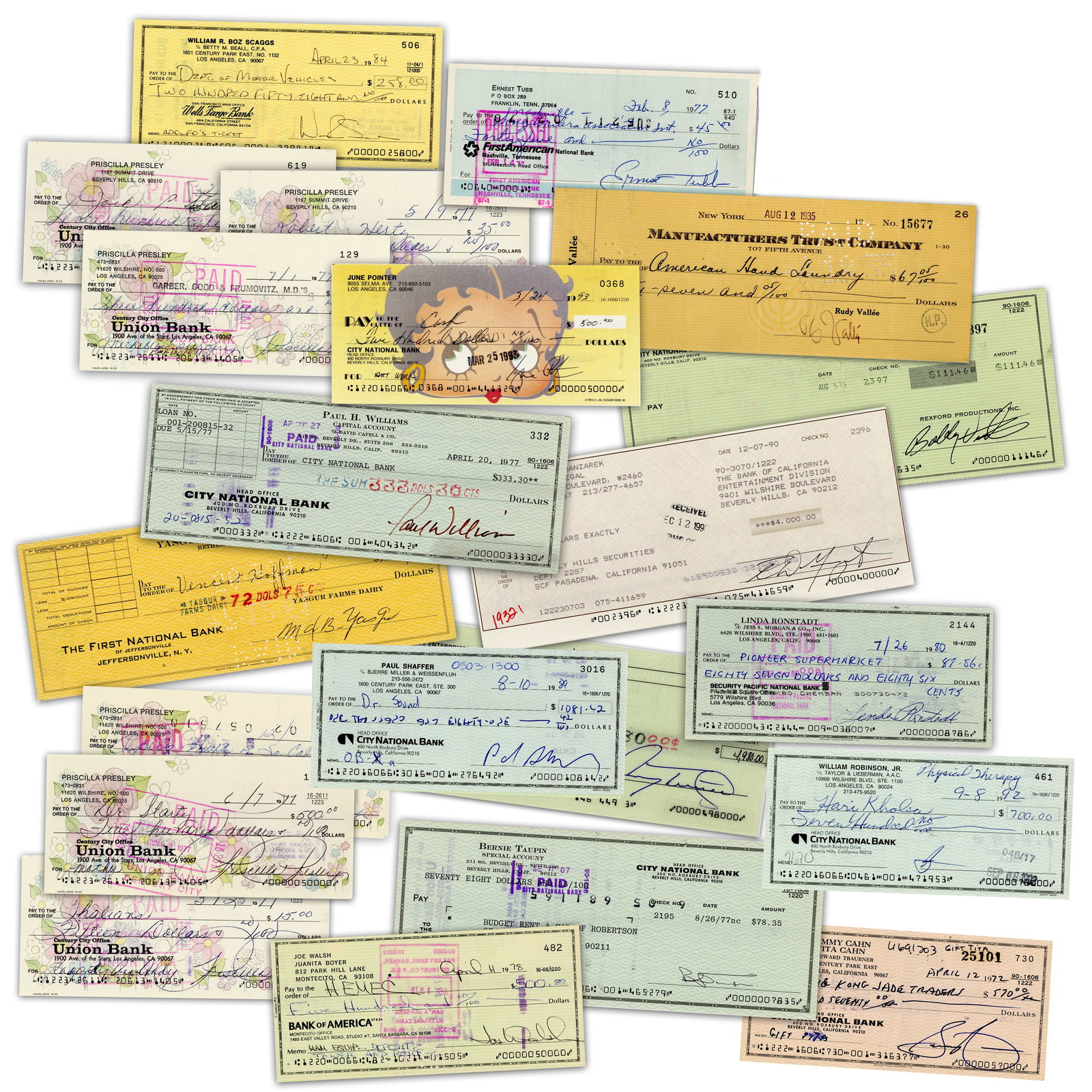 (21) Music Signed Checks! Dealer's Lot Incl. Robinson, Ronstadt, Manzarek & Woodstock Connection (1 of 3)