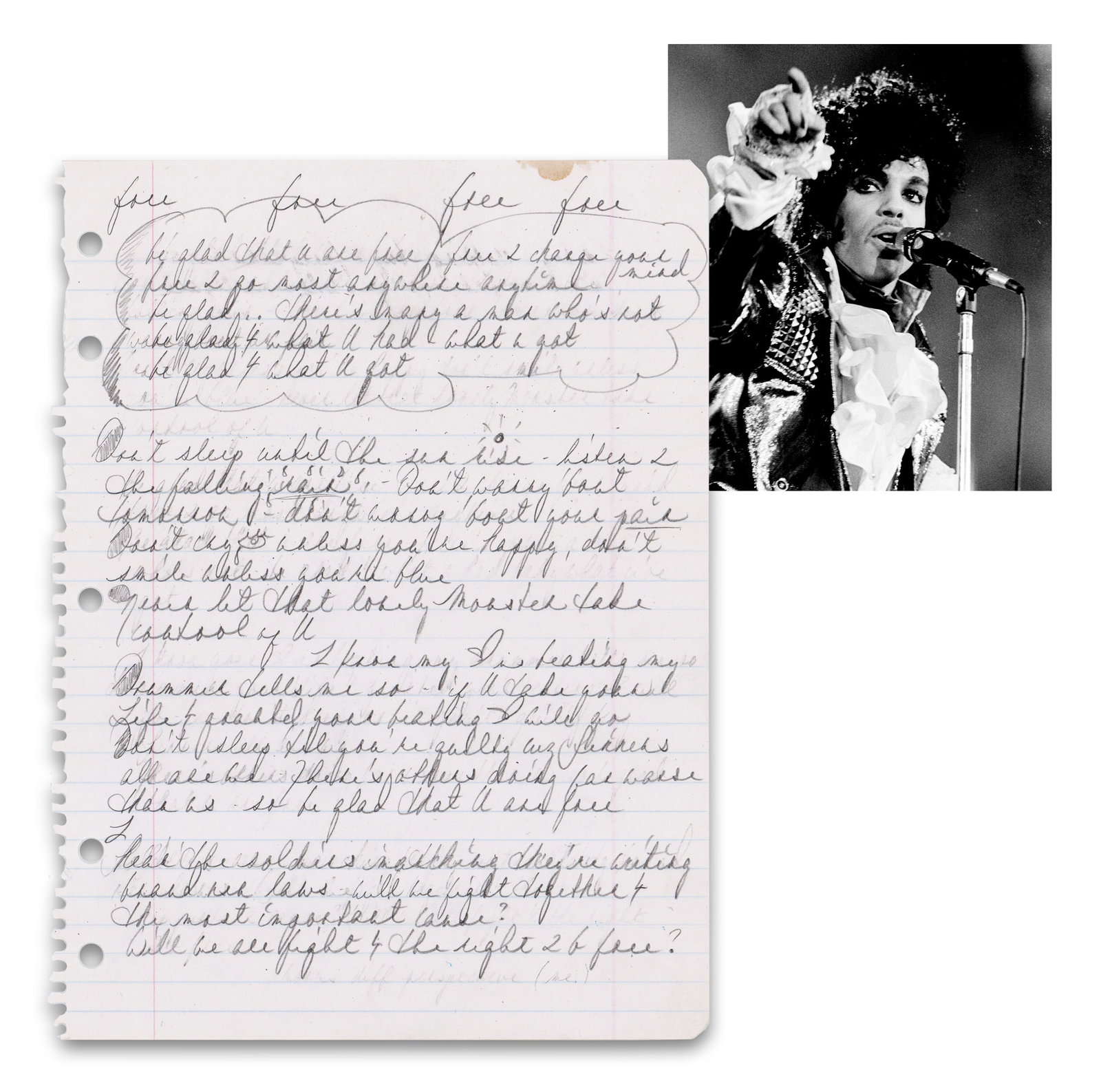 Prince Handwritten Lyrics For "Free" (1982), JSA LOA (1 of 3)