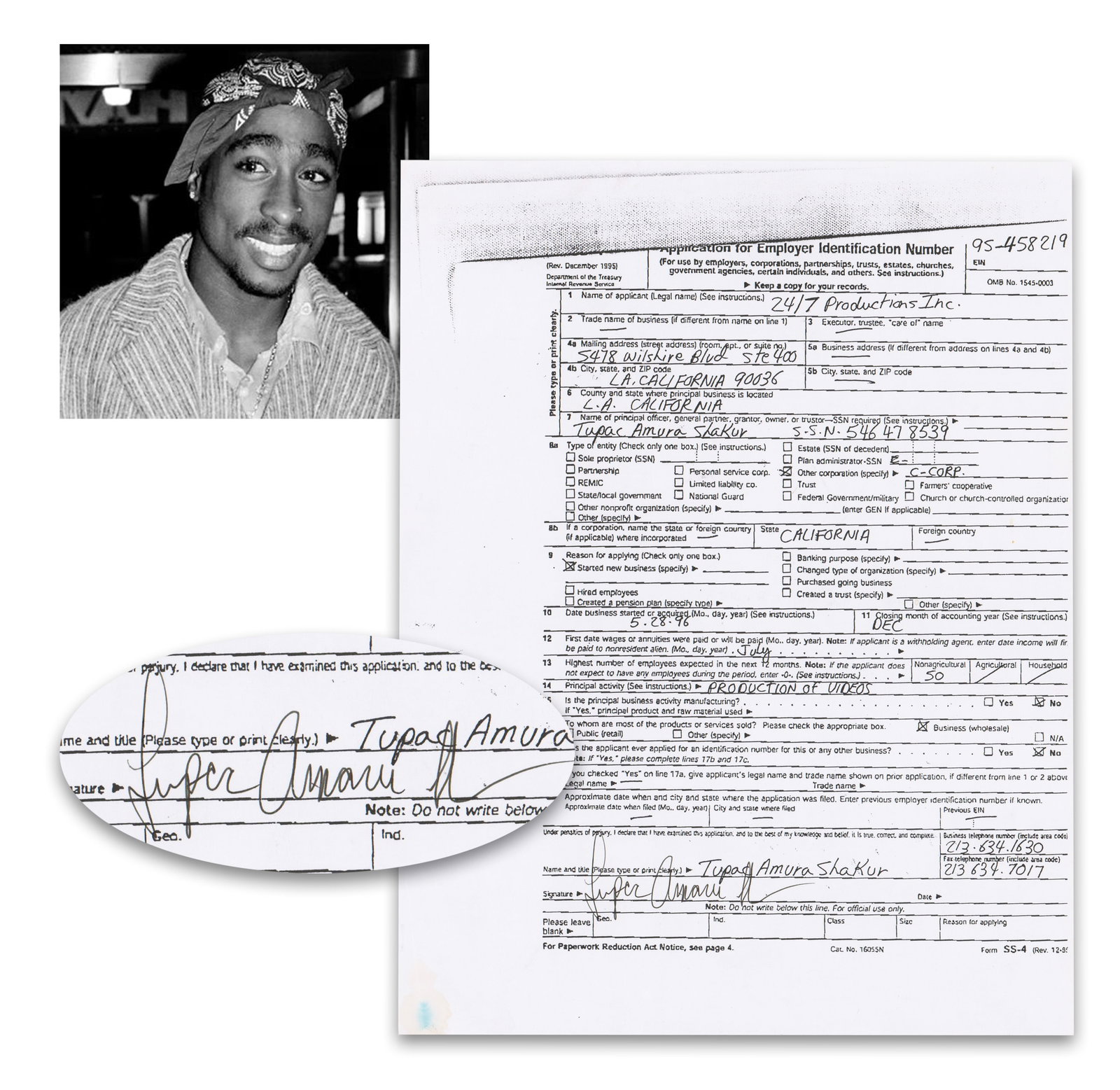 Tupac Shakur Signed Application for 24/7 Productions, JSA LOA (1 of 4)