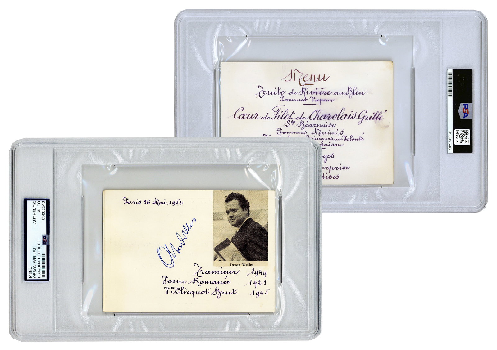 Orson Welles PSA Slabbed French Menu Signed After Winning Palme d'Or at 1952 Cannes Film Festival (1 of 4)
