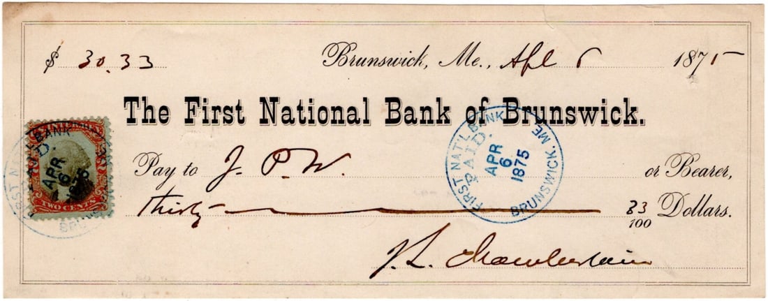Civil War Hero Joshua L. Chamberlain Signs Check (1 of 2)