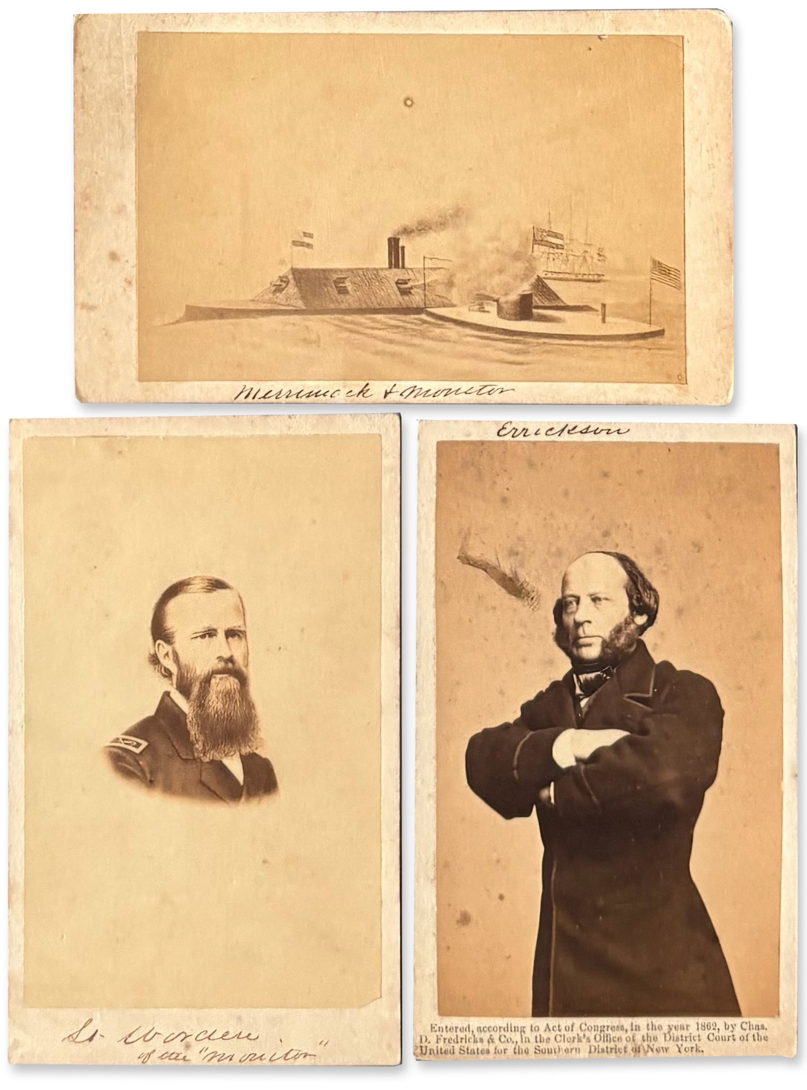 Three CDVs w/ Battle of Hampton Roads Association, Including a Rendering of the Battle: Battle of Hampton Roads Civil War n.p, ca. 1862 Three CDVs w/ Battle of Hampton Roads Association, Including a Rendering of the Battle CDV Three cartes de visite with Battle of Hamptons Road