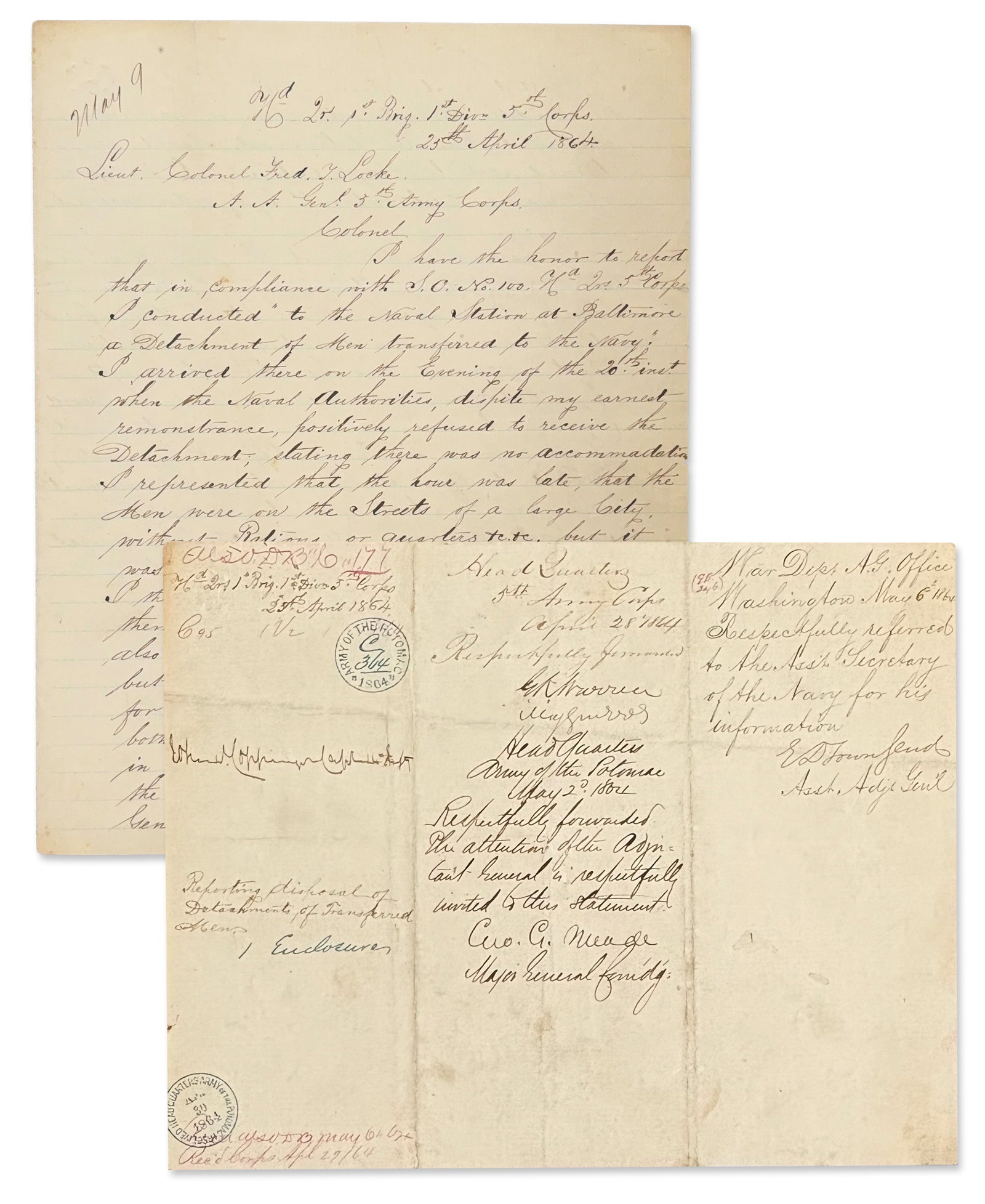 G. Meade and G. Warren War Date Signed Endorsements on Verso of a Report of Navy Report: Union Generals, Civil War “Hd Qrs 1st Brig. 1st Divn 5th Corps”, April 25, 1864 G. Meade and G. Warren War Date Signed Endorsements on Verso of a Report of Navy Report Signed endorsements