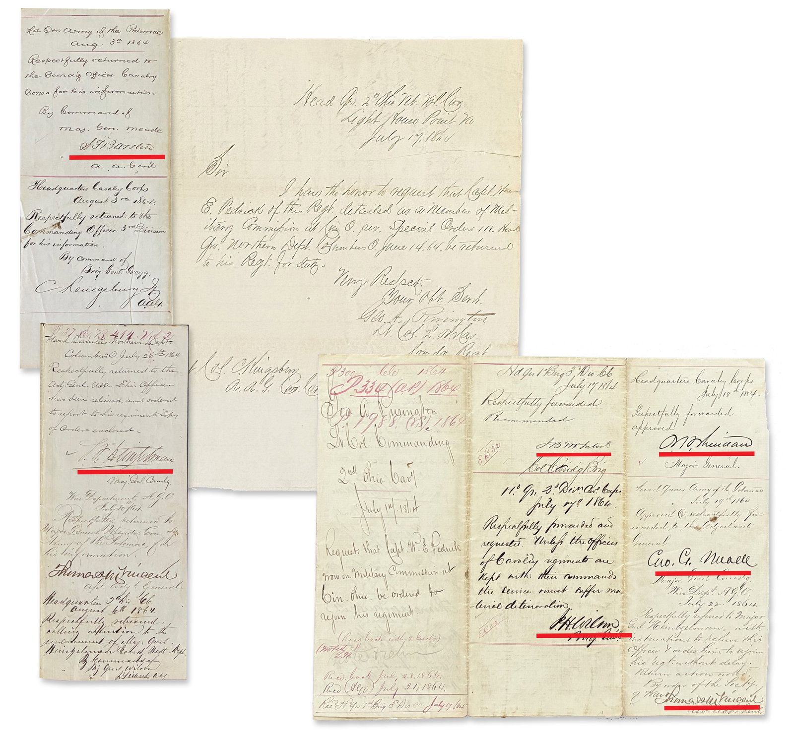 Union Cavalry Officer's Letter Endorsed by G. Meade, P. Sheridan, J. Wilson, J. McIntosh, S.: Union Generals, Civil War Light House Point, VA, ca. July 17 to August 6, 1864 Union Cavalry Officer's Letter Endorsed by G. Meade, P. Sheridan, J. Wilson, J. McIntosh, S. Heintzelman, T. Vincent,