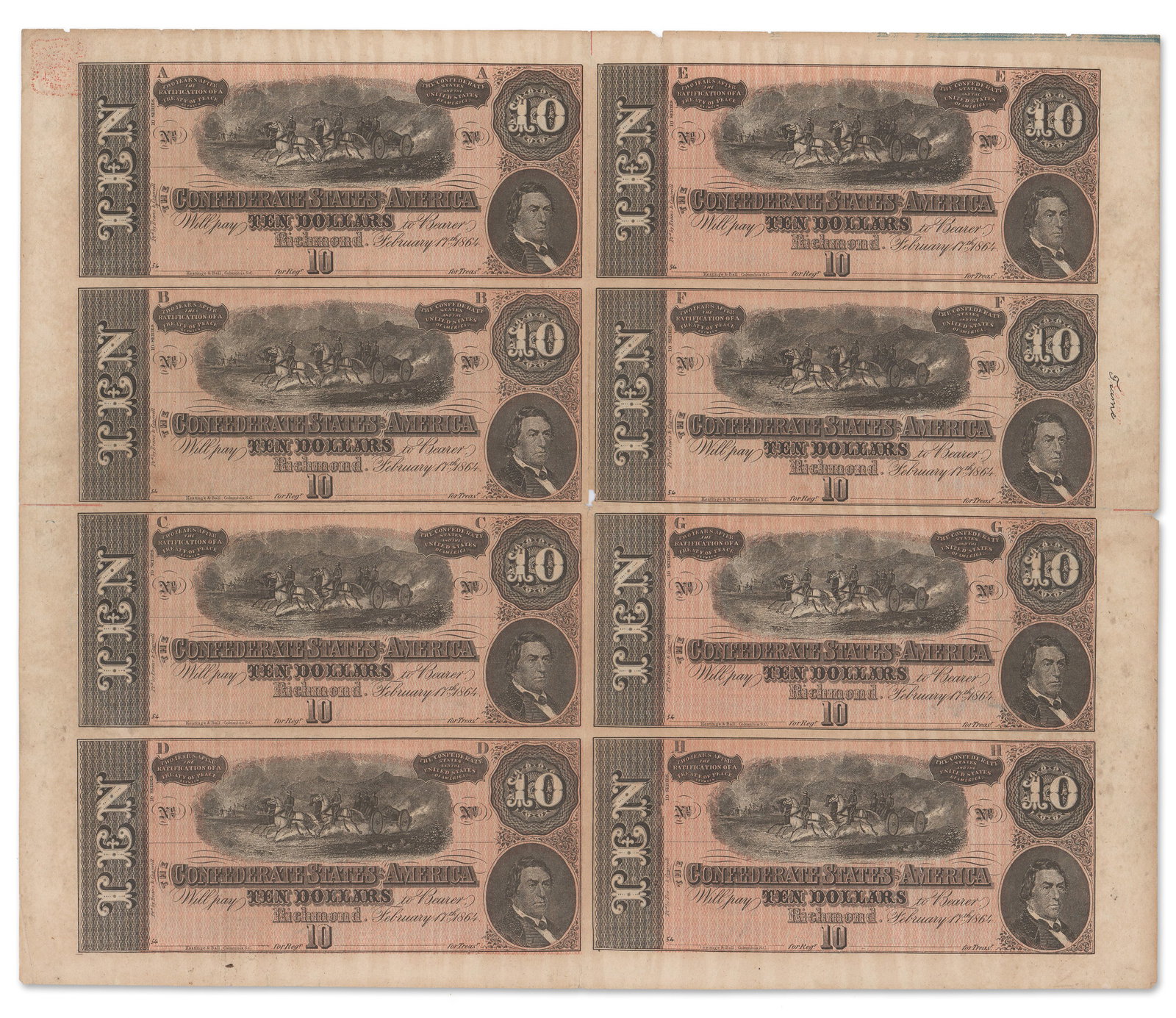 Uncut Sheet of Confederate $10 Notes - Exceptionally Scarce!: Confederate Currency Columbia, SC, ca. 1864 Uncut Sheet of Confederate $10 Notes - Exceptionally Scarce! Currency T68 $10 1864 uncut sheet of eight notes. Oversized sheet, 15.625” x