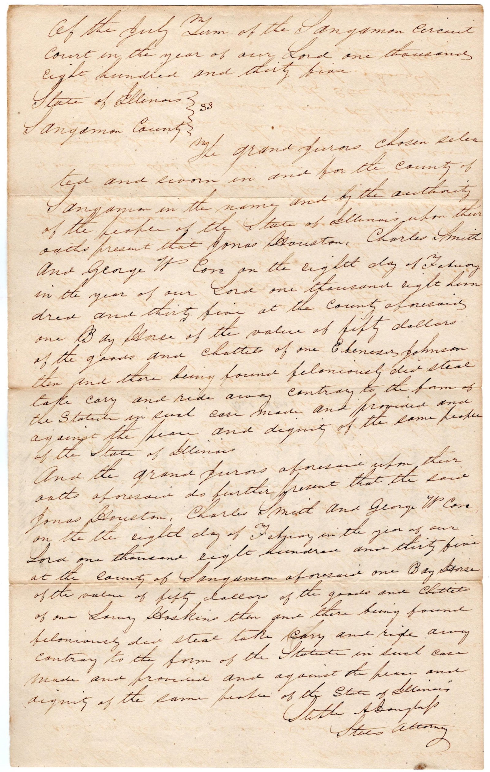 Stephen A. Douglas Writes Indictment of Three Men for Stealing Horses! (1 of 3)