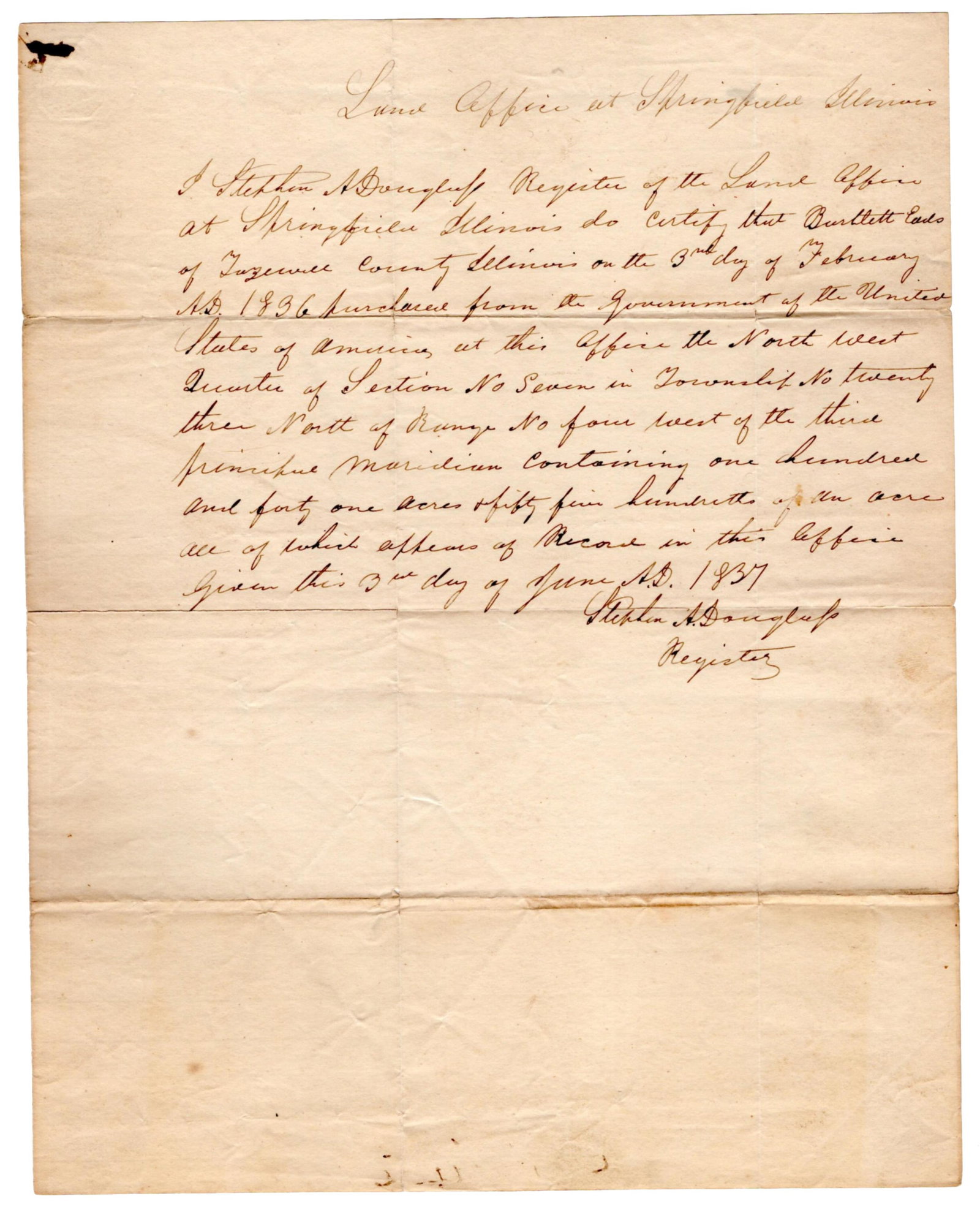 Register Stephen A. Douglas Certifies Purchase of Federal Land in Illinois (1 of 2)
