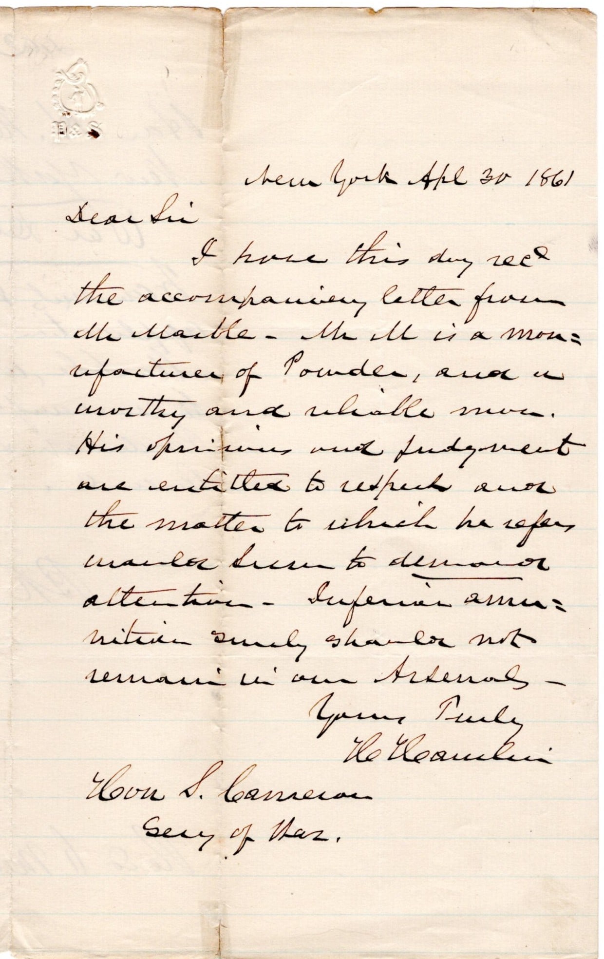 Vice President Hamlin Warns Secretary of War Cameron about Inferior Ammunition at Beginning of Civil (1 of 3)