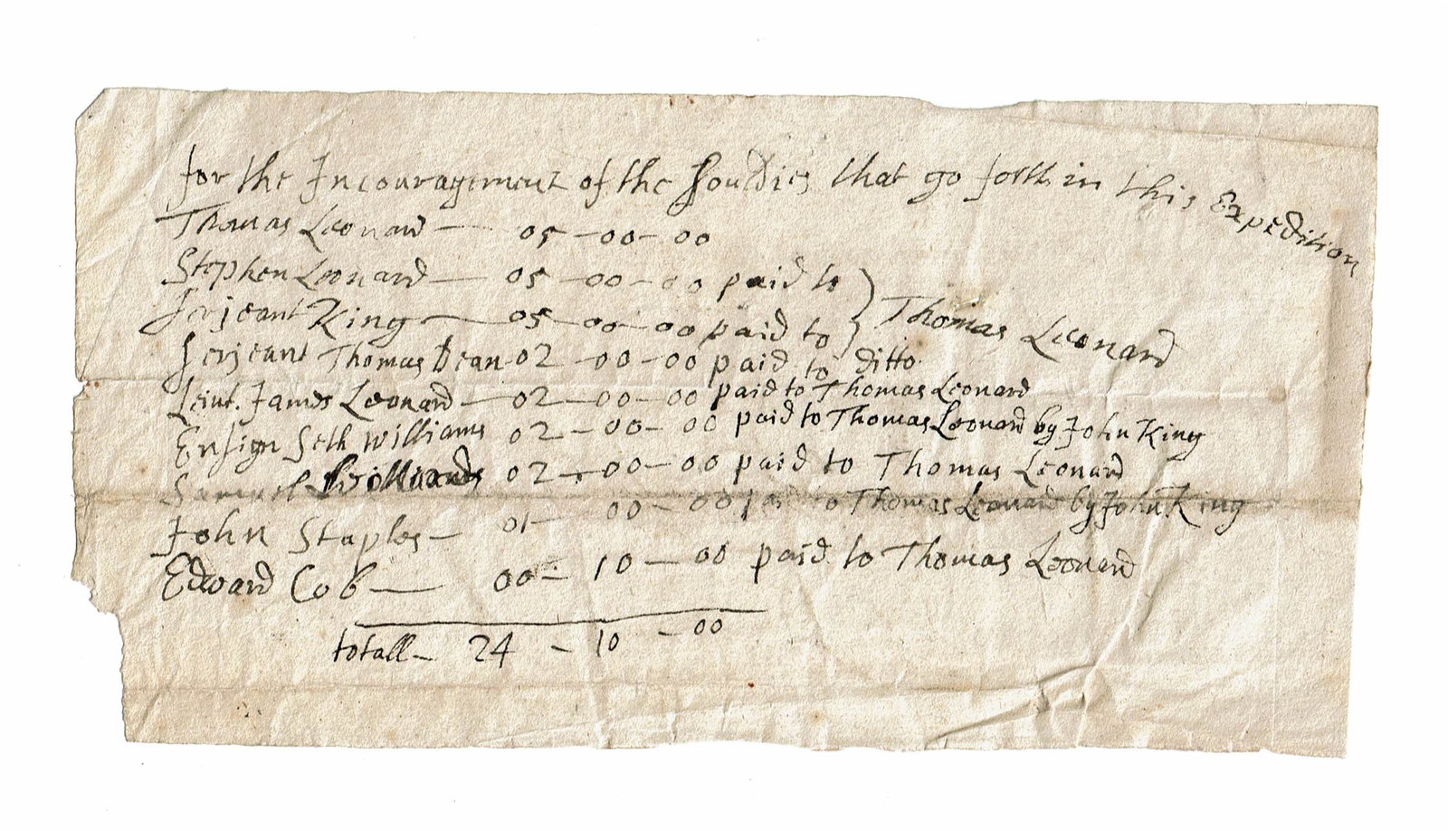 Scarce 1711 Queen Anne's War Soldiers' Encouragement Pay: Queen Anne's War [Taunton, MA], ca. 1711 Scarce 1711 Queen Anne's War Soldiers' Encouragement Pay MD [Queen Anne's War]. A manuscript military account headed, "for the Encouragement of the Souldirs